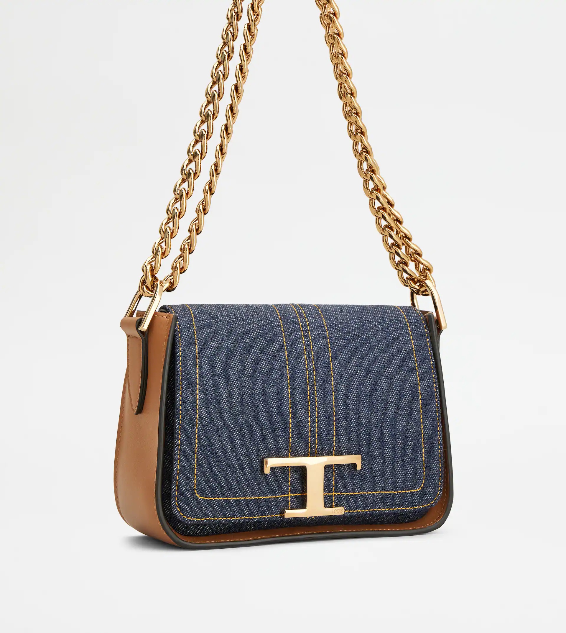 TIMELESS CROSSBODY BAG IN LEATHER AND DENIM - BROWN, BLUE - 3