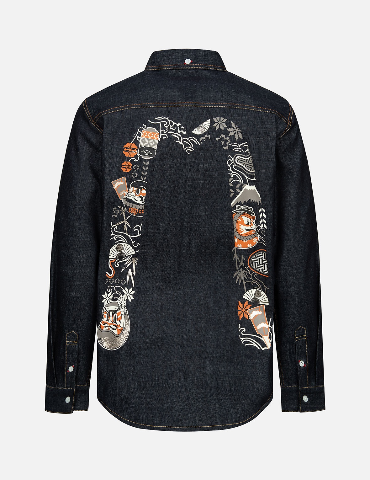 KUMADORI DARUMA DAICOCK PRINT REGULAR FIT DENIM SHIRT - 2