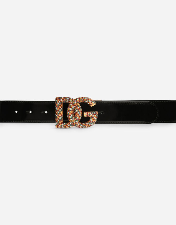 Polished calfskin belt with crystal DG logo - 4