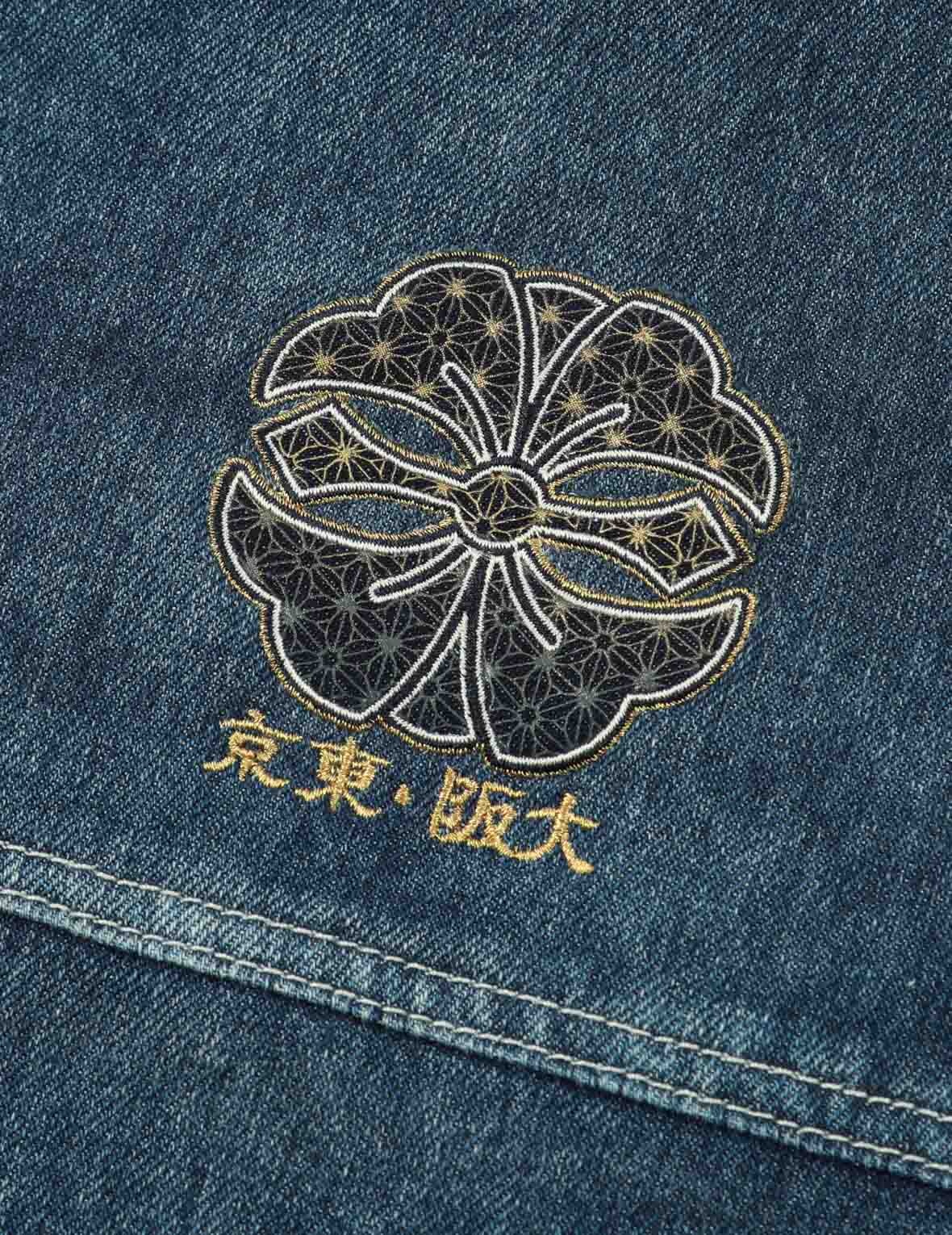 BROCADE-PATTERN SEAGULL AND KAMON APPLIQUÉ DENIM KIMONO JACKET - 9