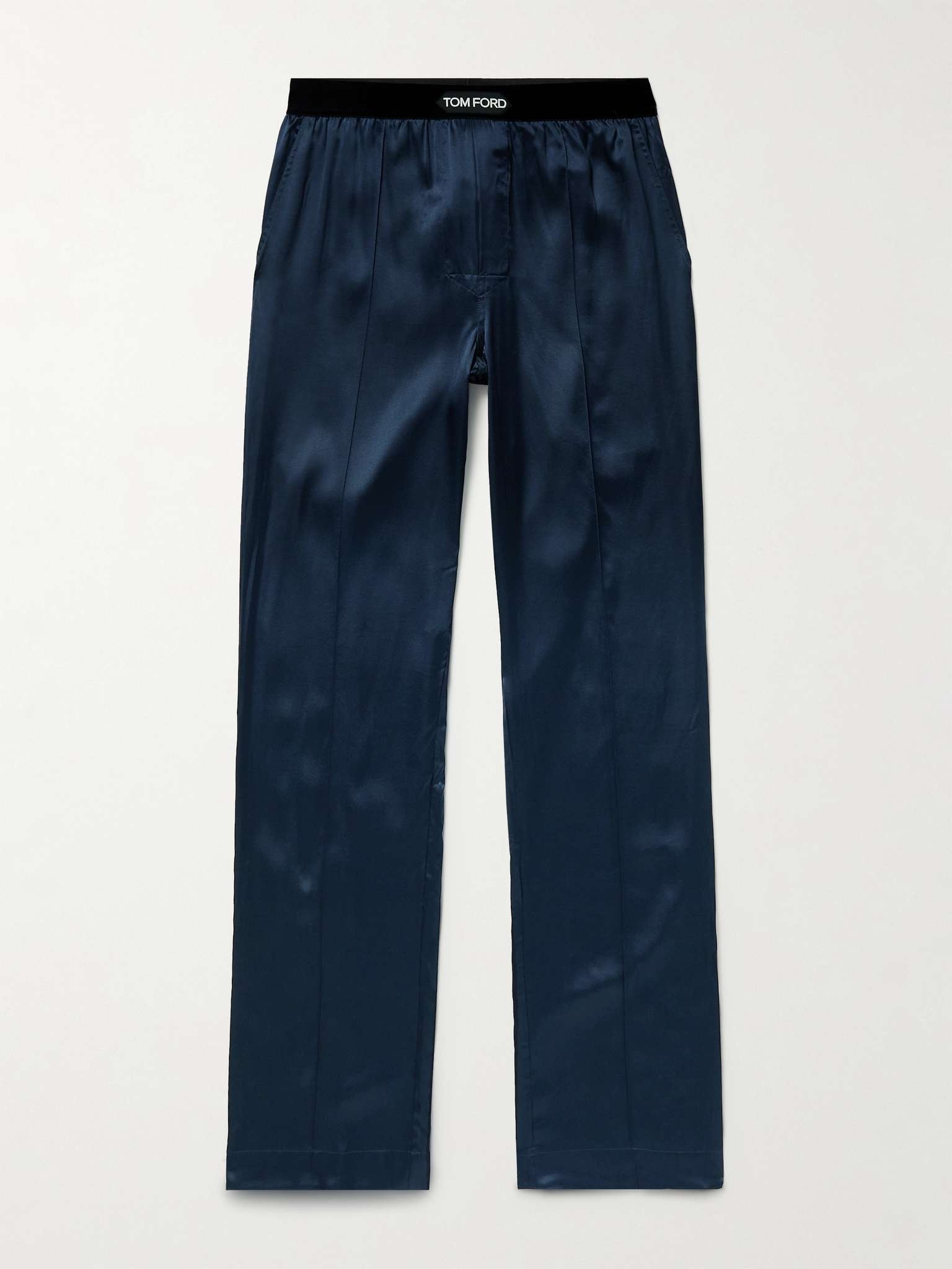 Velvet-Trimmed Stretch-Silk Satin Pyjama Trousers - 1