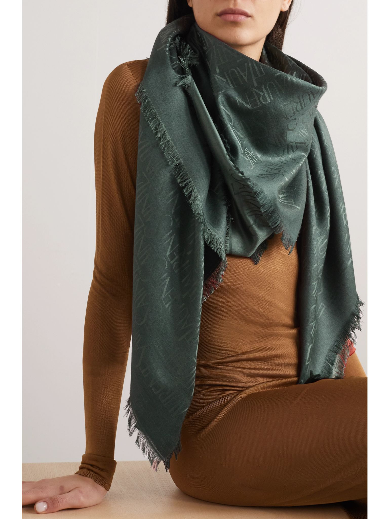 Fringed silk and wool-blend jacquard scarf Green - 2
