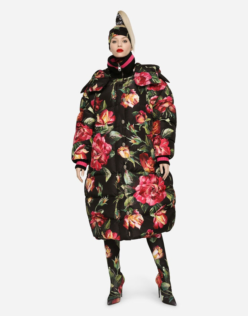 Long nylon down jacket with rose print 1