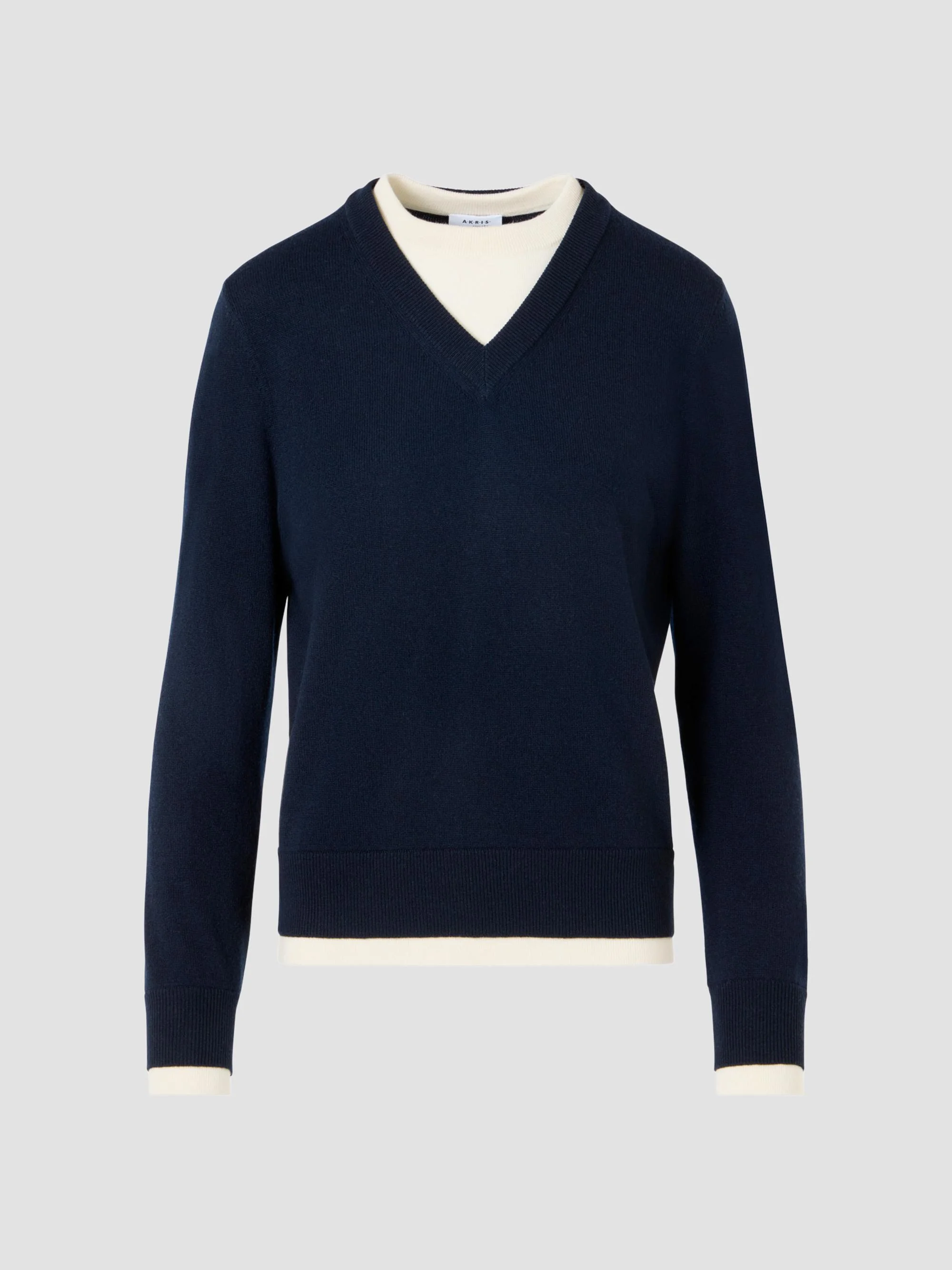 Women's Layered Wool-Cashmere Sweater - Navy Cream - 1
