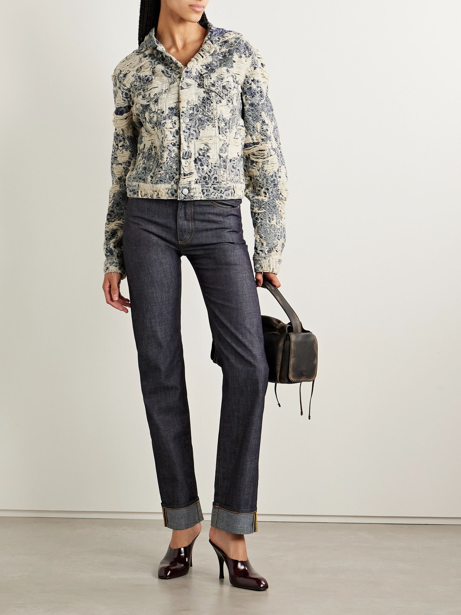 Hooded distressed organic denim-jacquard jacket Gray - 2