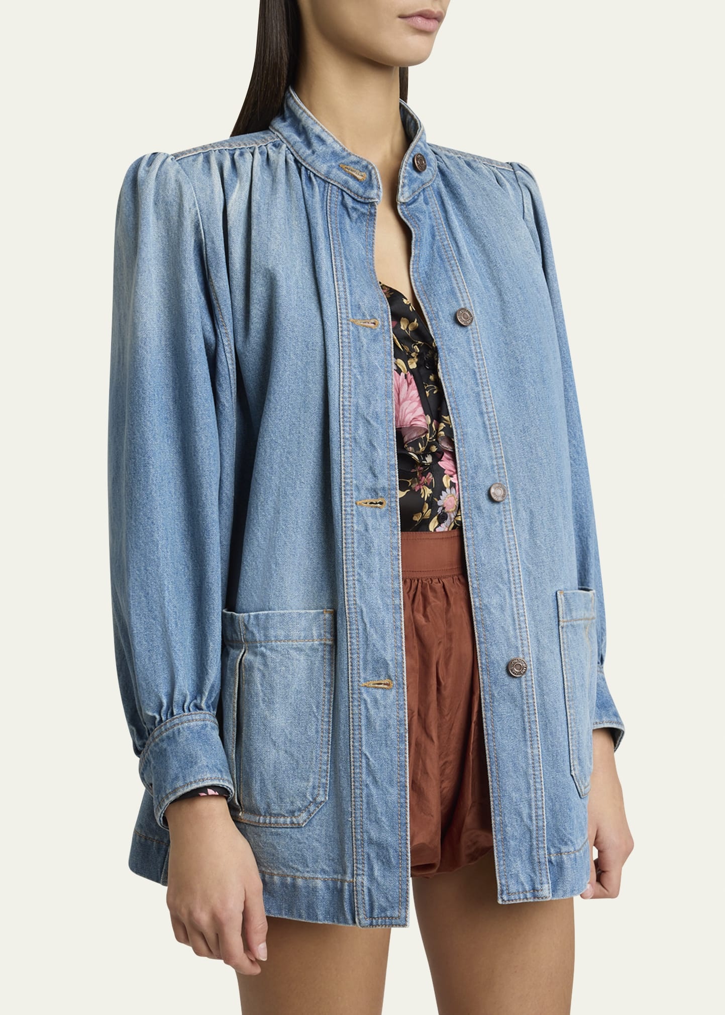Long High Neck Gathered Denim Jacket - 4