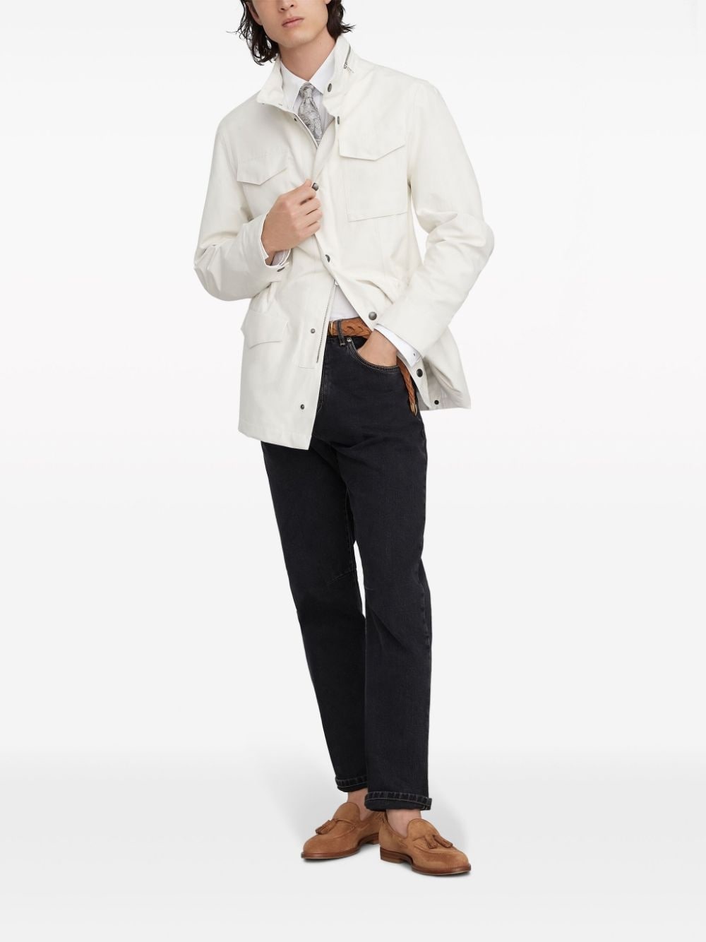 stand-up collar linen-blend coat - 2