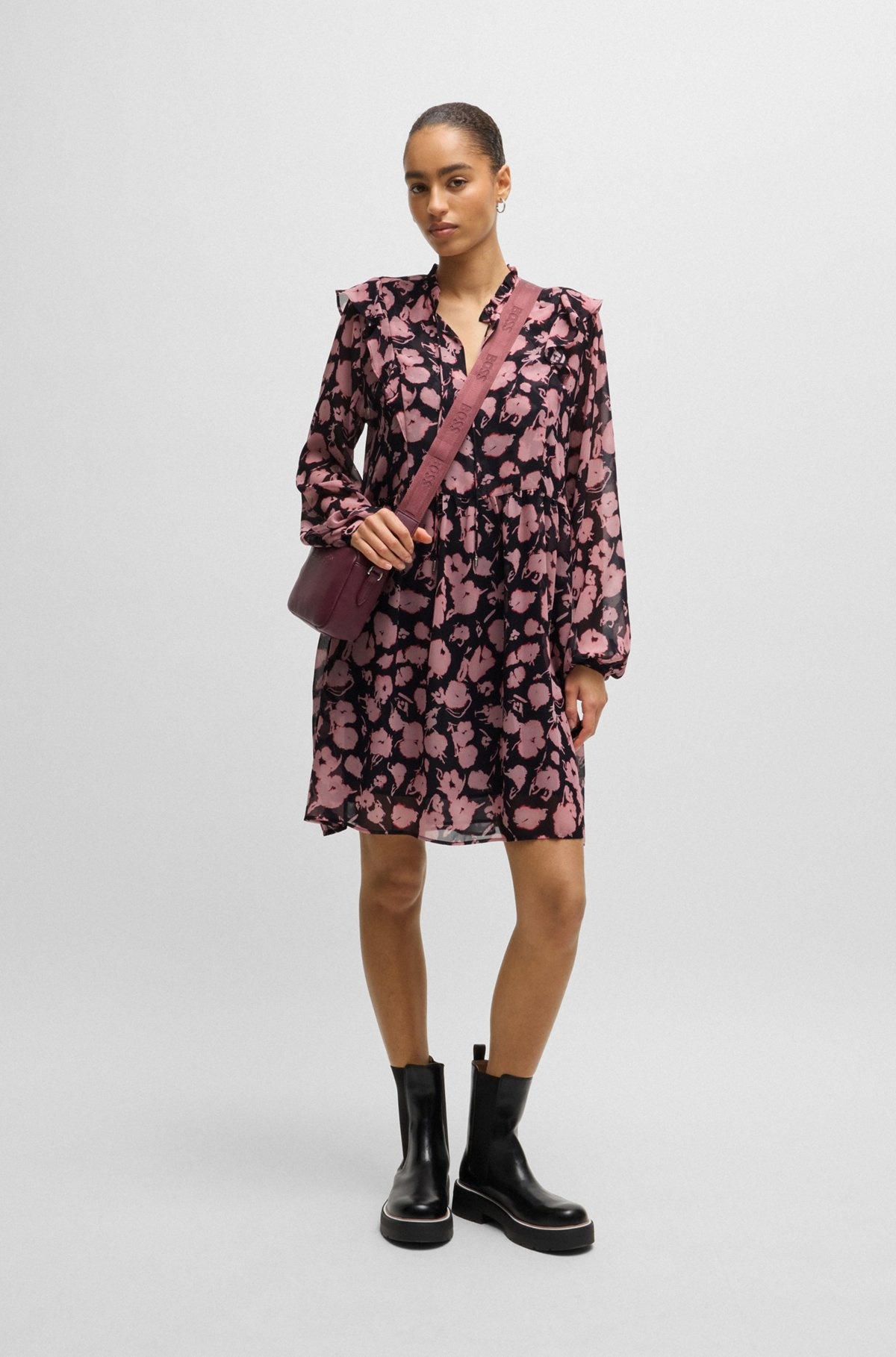 PRINTED DRESS WITH RUFFLE TRIMS AND BUTTON CUFFS - 2
