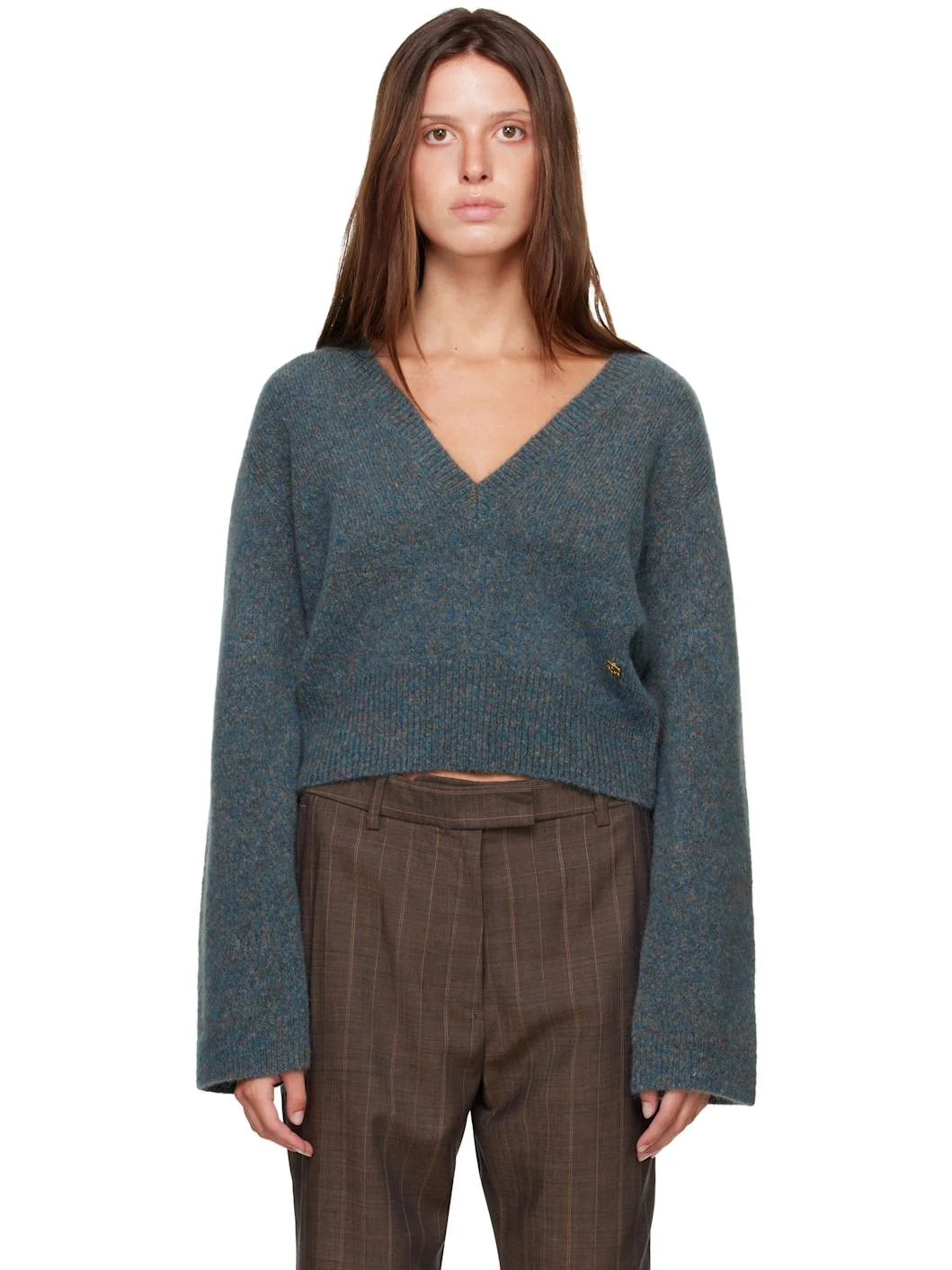 Blue Melange Mohair Deep V-Neck Sweater - 1