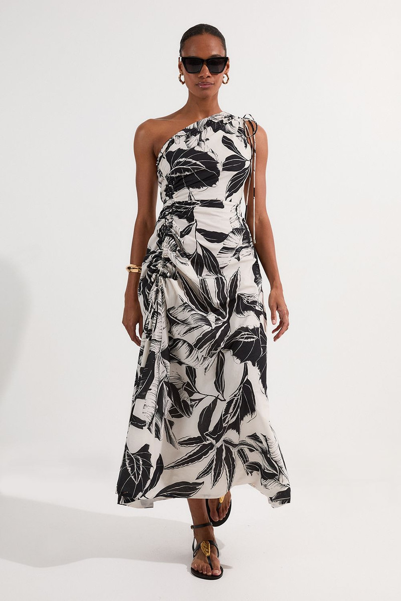 Palm Border Print Cotton Voile One Shoulder Midi Dress 1