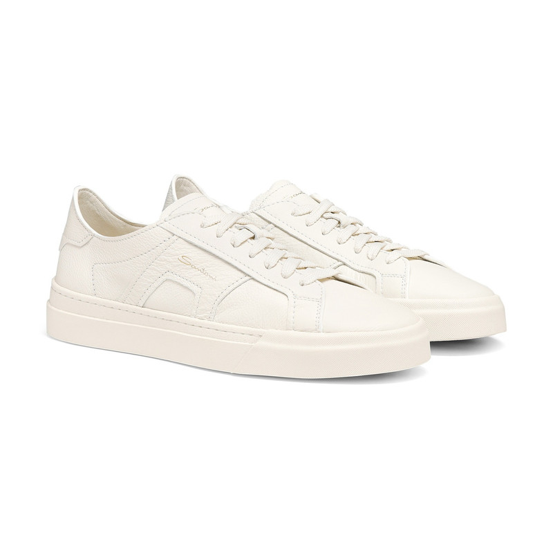 Santoni Men's white tumbled leather Double Buckle Sneaker outlook