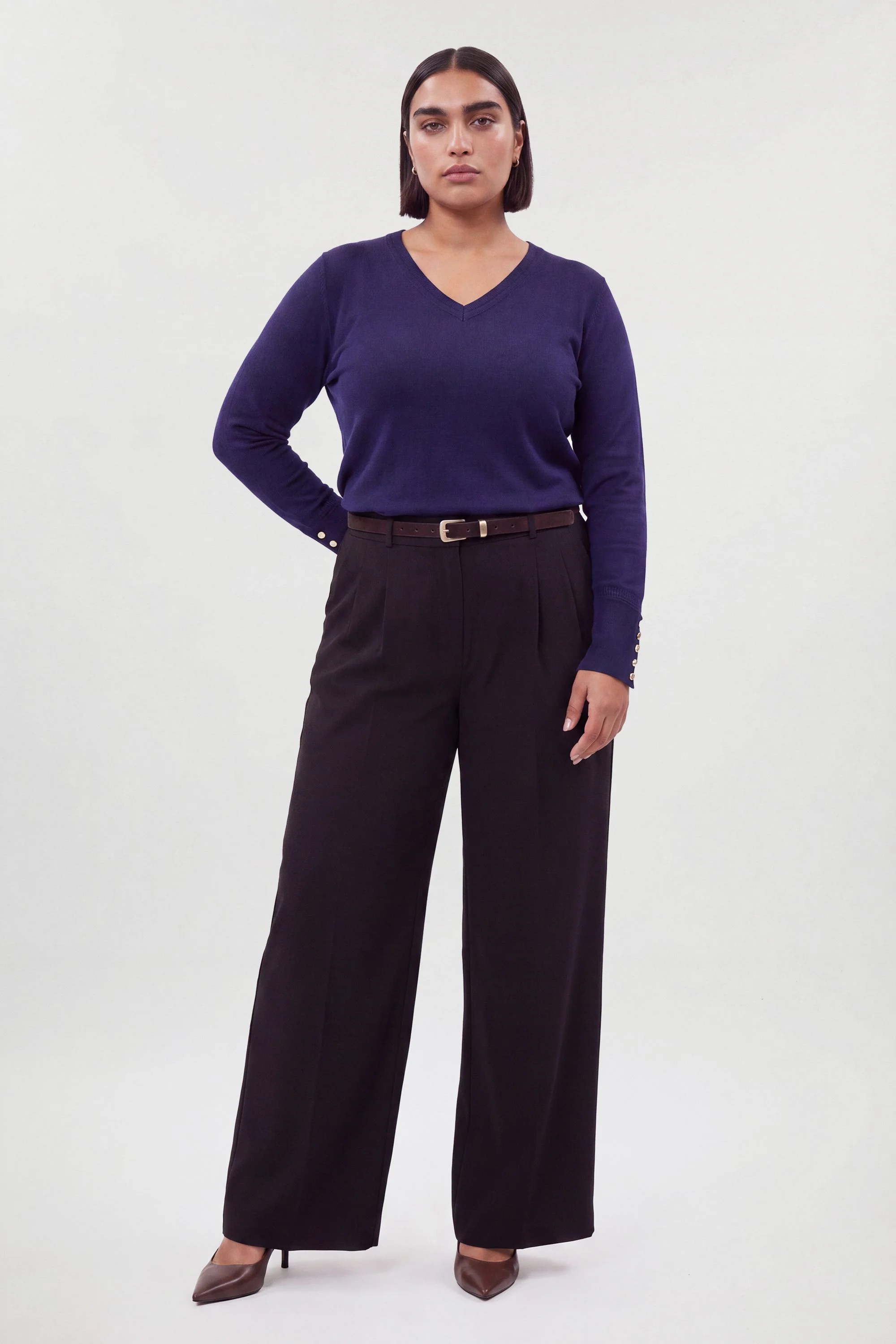 Plus Size Forever Viscose Blend Knitted Stitch Detail V Neck Long Sleeve Jumper - 1