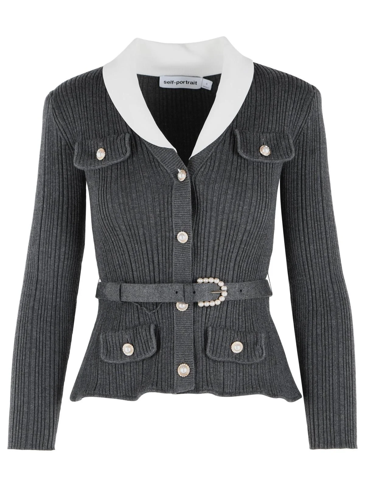Self-Portrait Ribbed Cardigan Grey Viscose Blend - 1