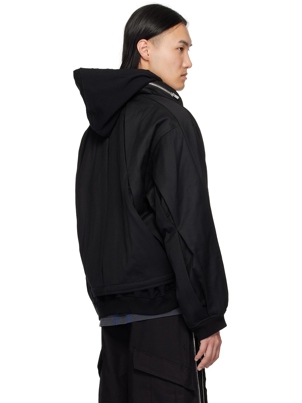 Black Damaged Round Hem Curved Zip-Up Hoodie - 3