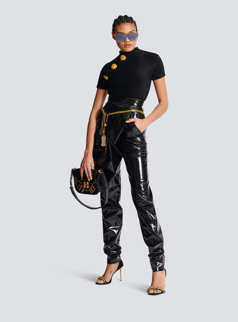 Balmain Asymmetric draped vinyl trousers outlook
