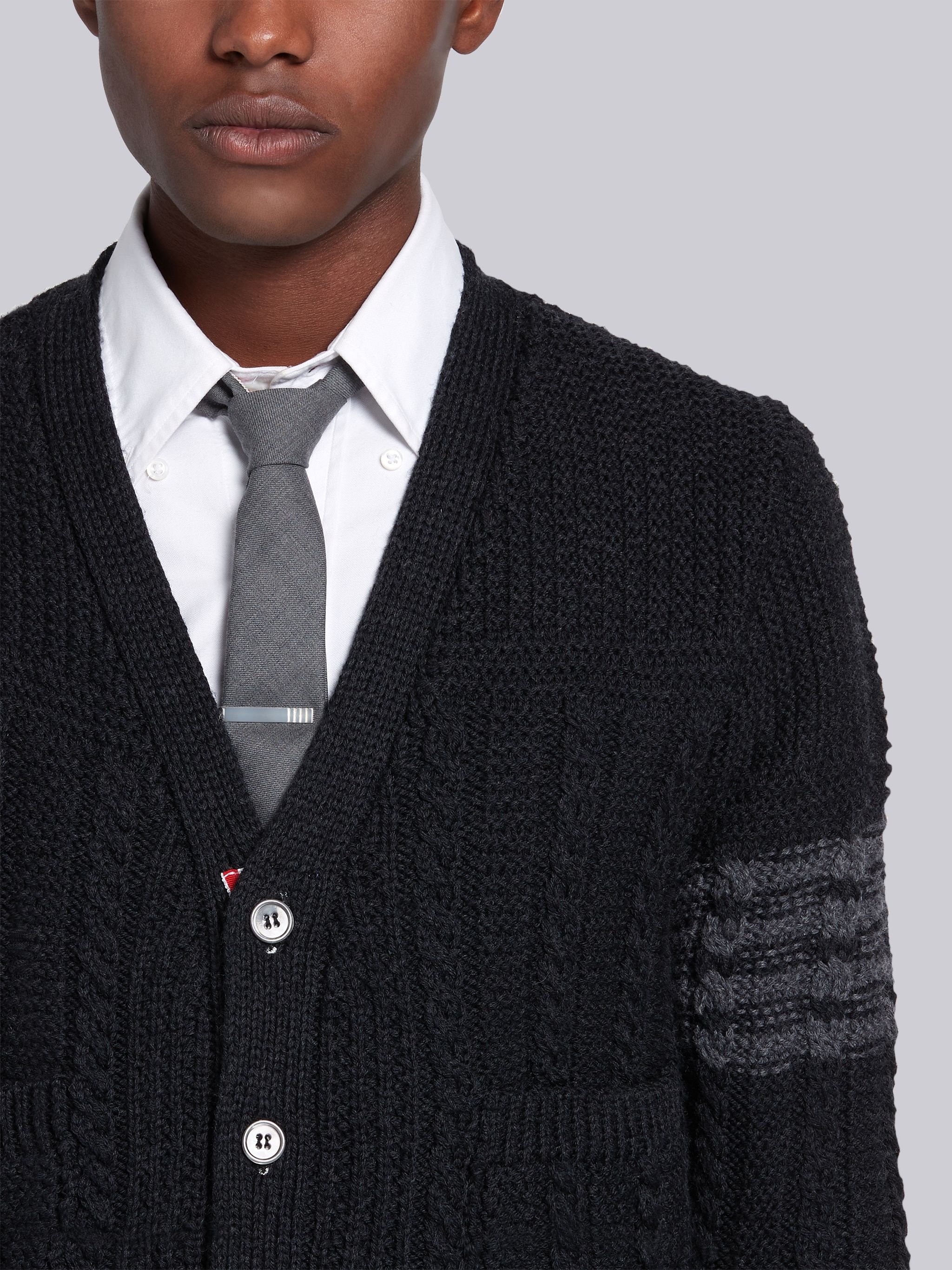 Dark Grey Fine Merino Wool Aran Cable V-neck 4-Bar Cardigan - 5