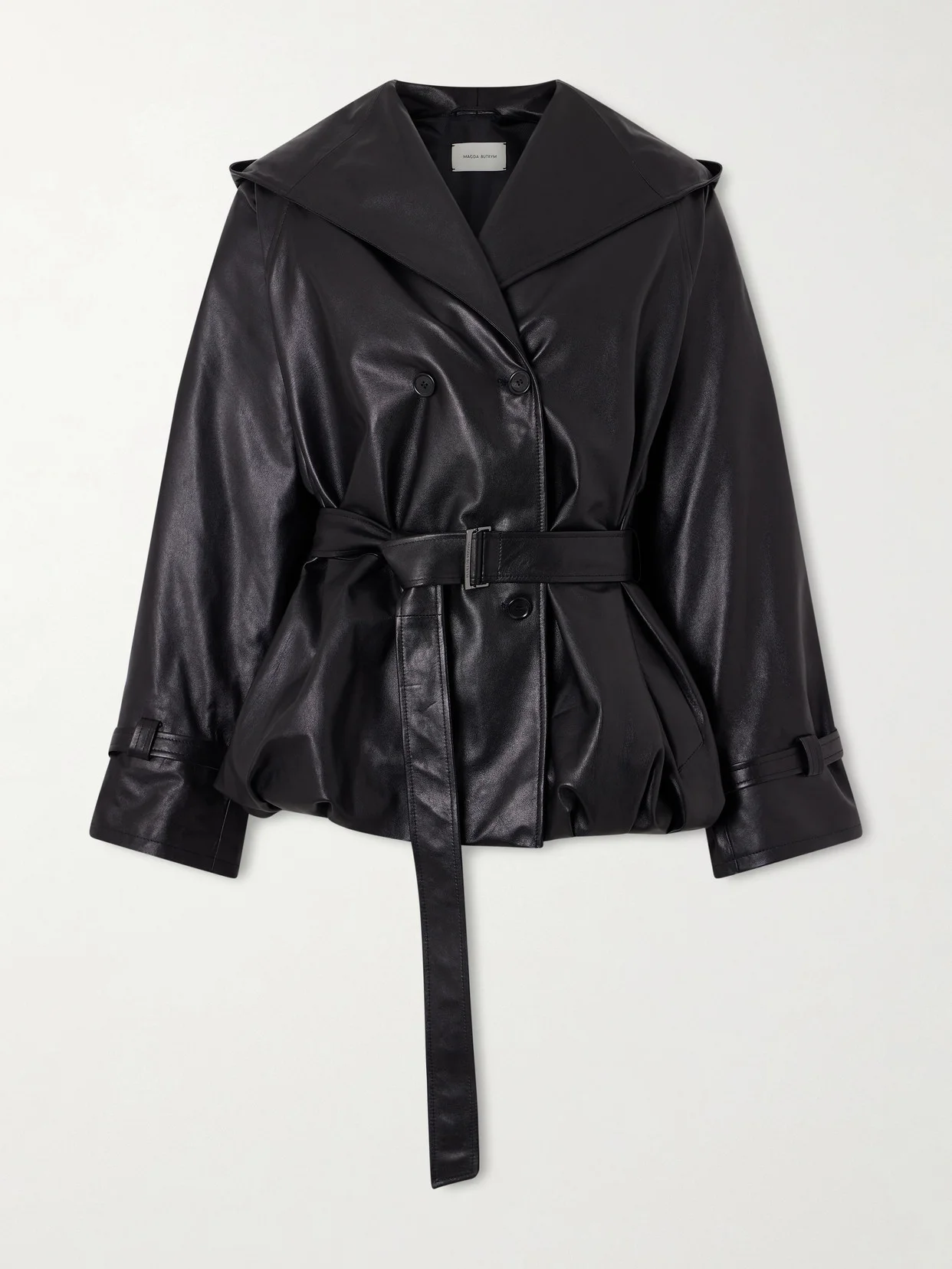 Double-breasted Belted Hooded Leather Jacket - 1