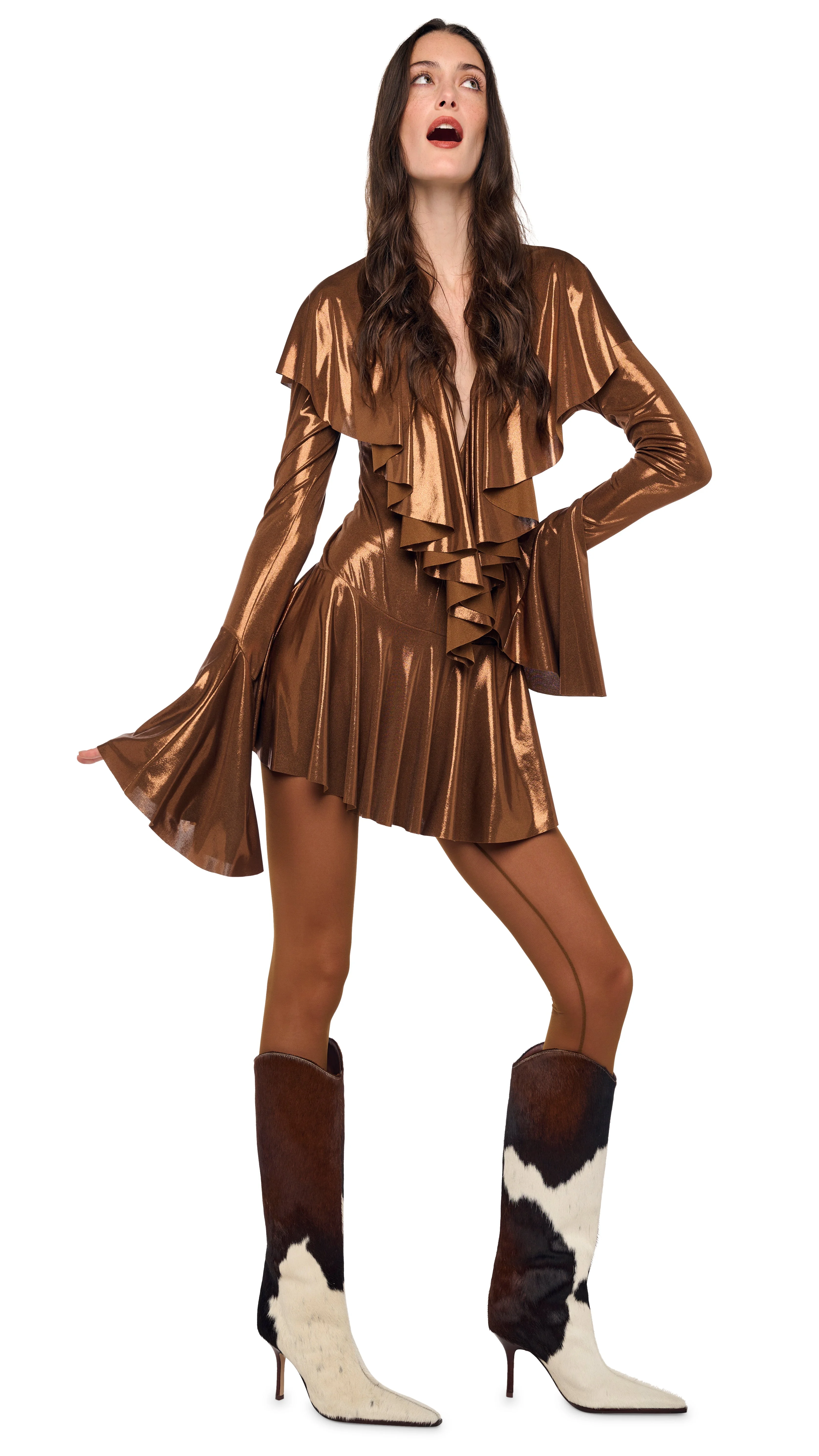 LONG SLEEVE DEEP V RUFFLE MINI DRESS - 1