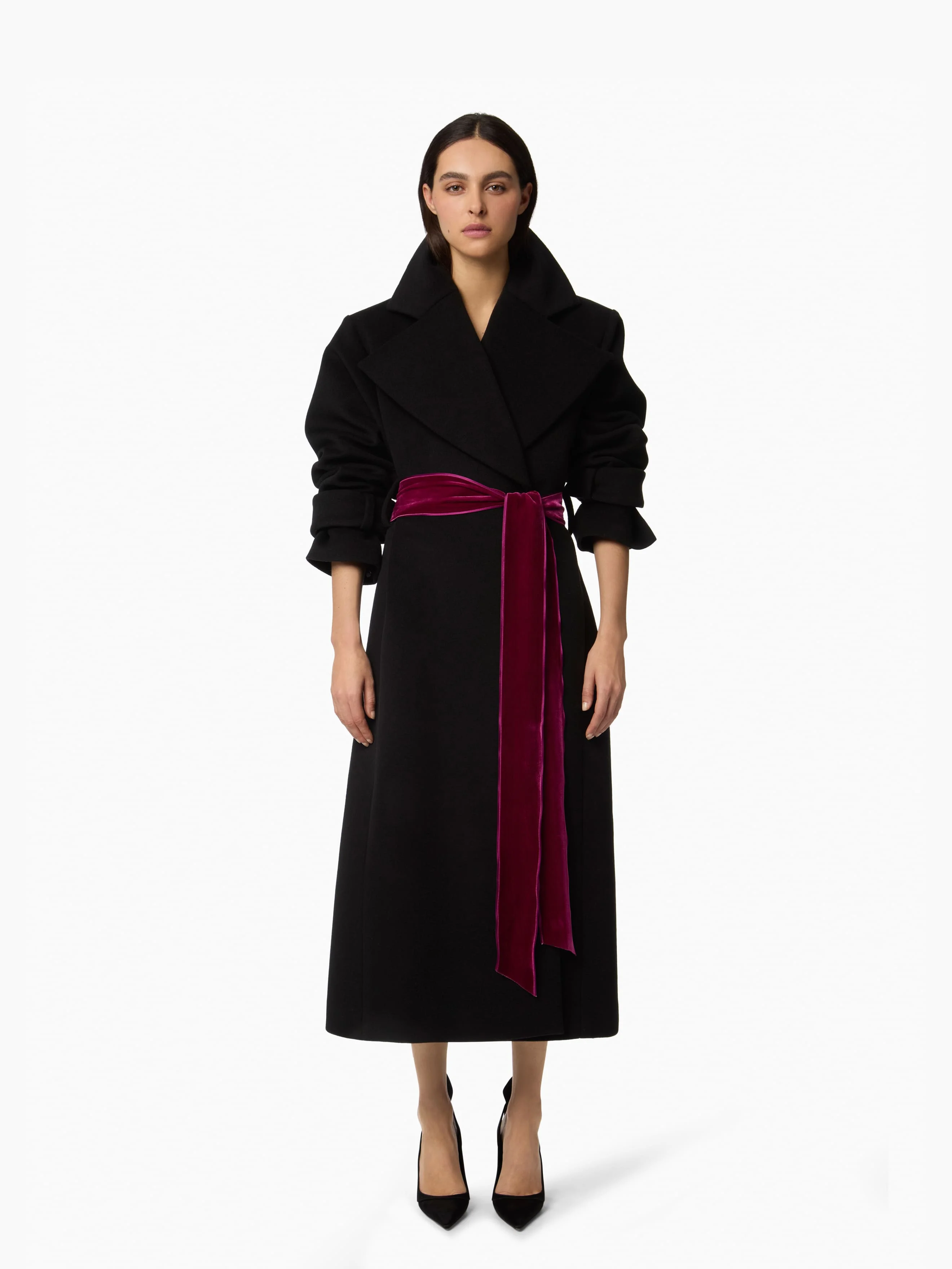 Black Long Wool Robe Coat - 1