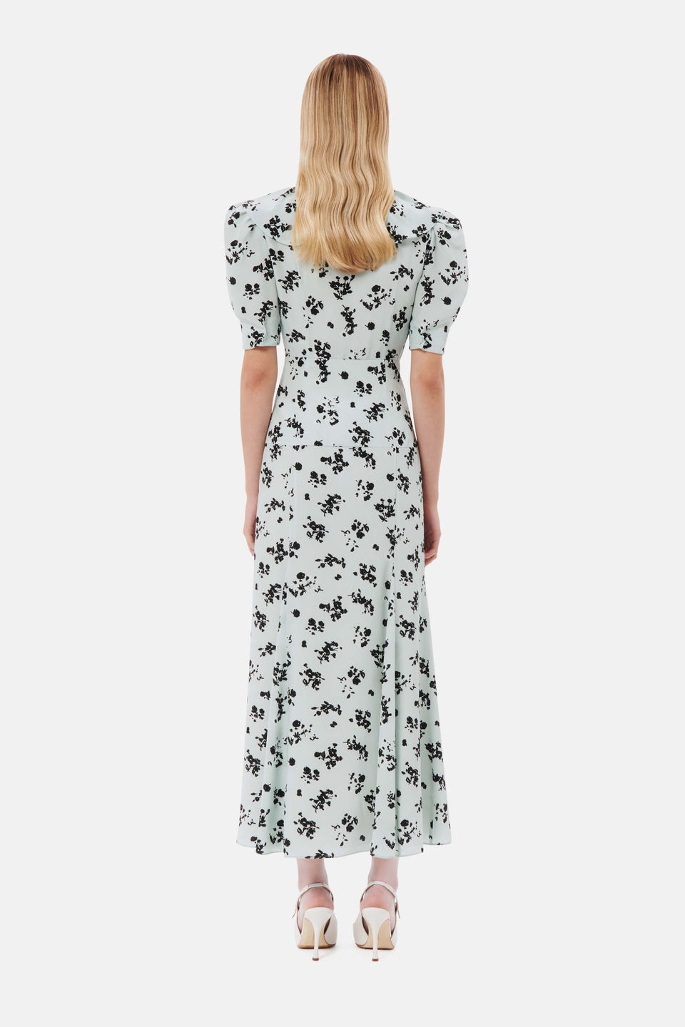 ROSE PRINT SILK DRESS WITH VOLANT COLLAR AND BOW - 5