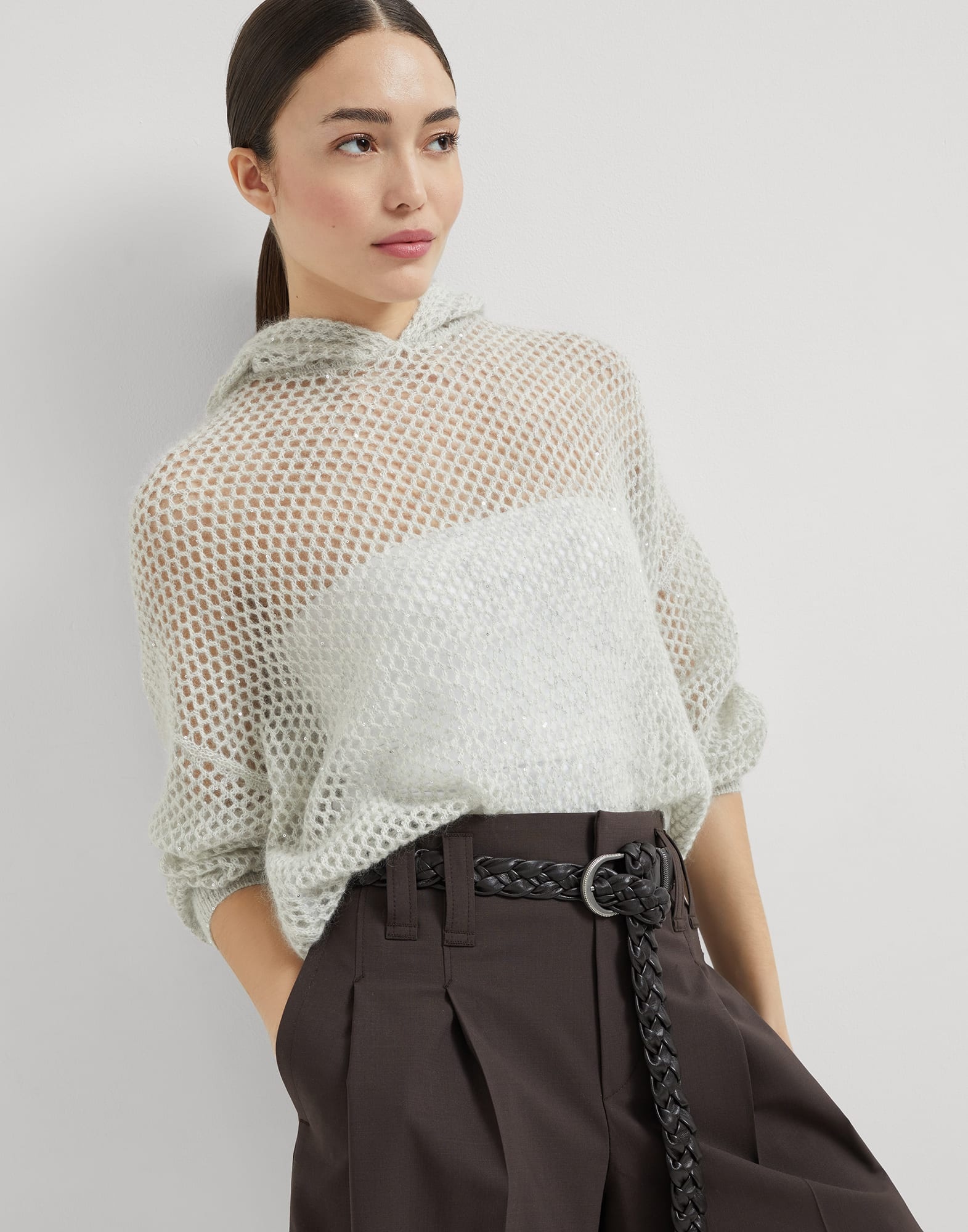 Mohair, cotton and wool dazzling mesh hooded knit sweatshirt - 4