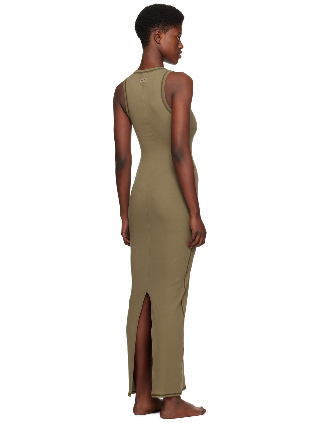 Khaki Cotton Rib Sleeveless Maxi Dress - 3