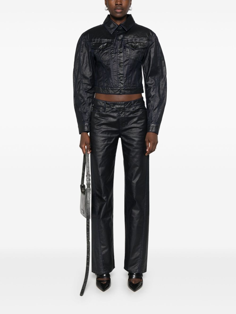 wax-effect denim jacket - 2