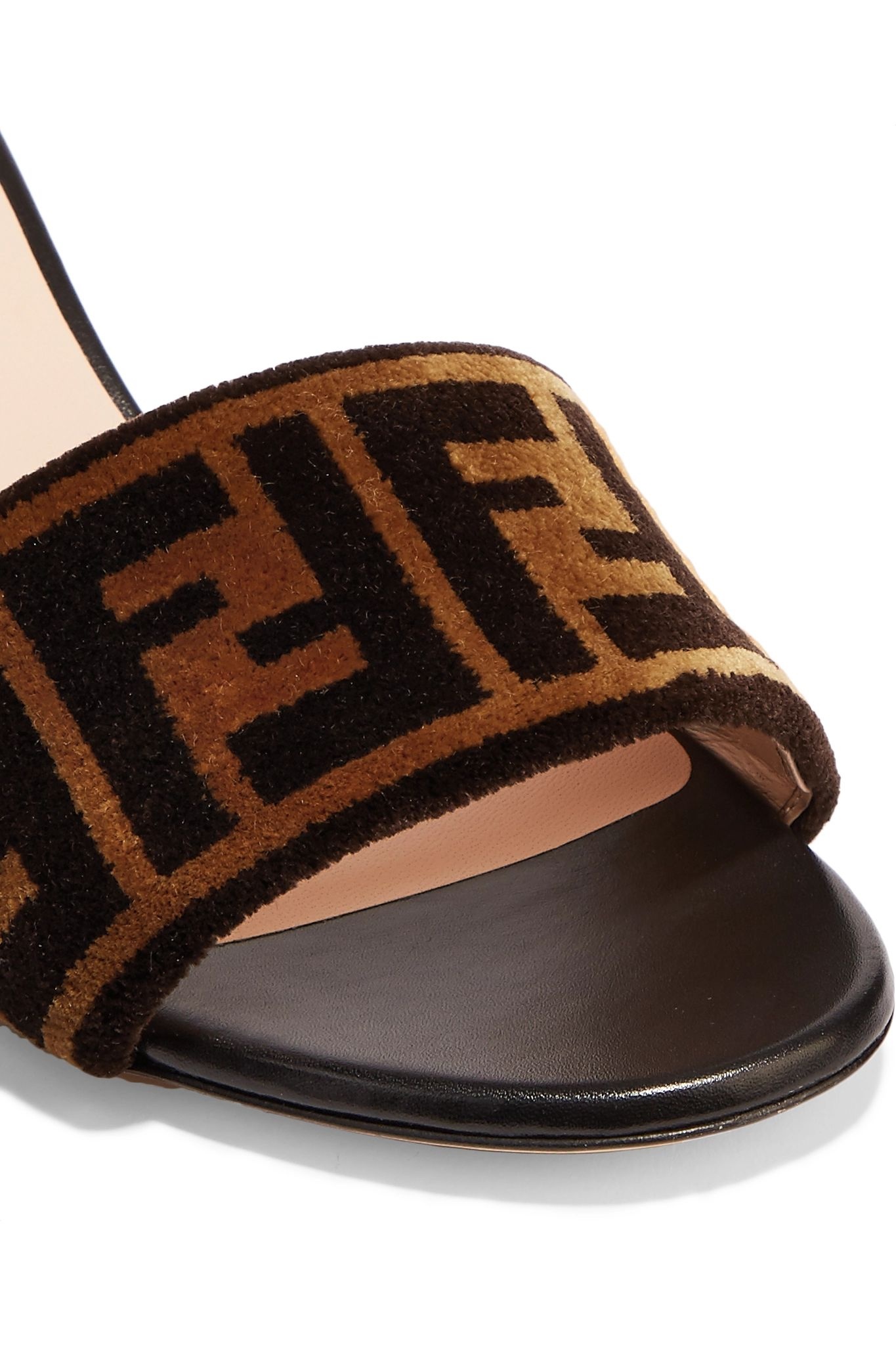 Logo-print velvet and leather mules - 5