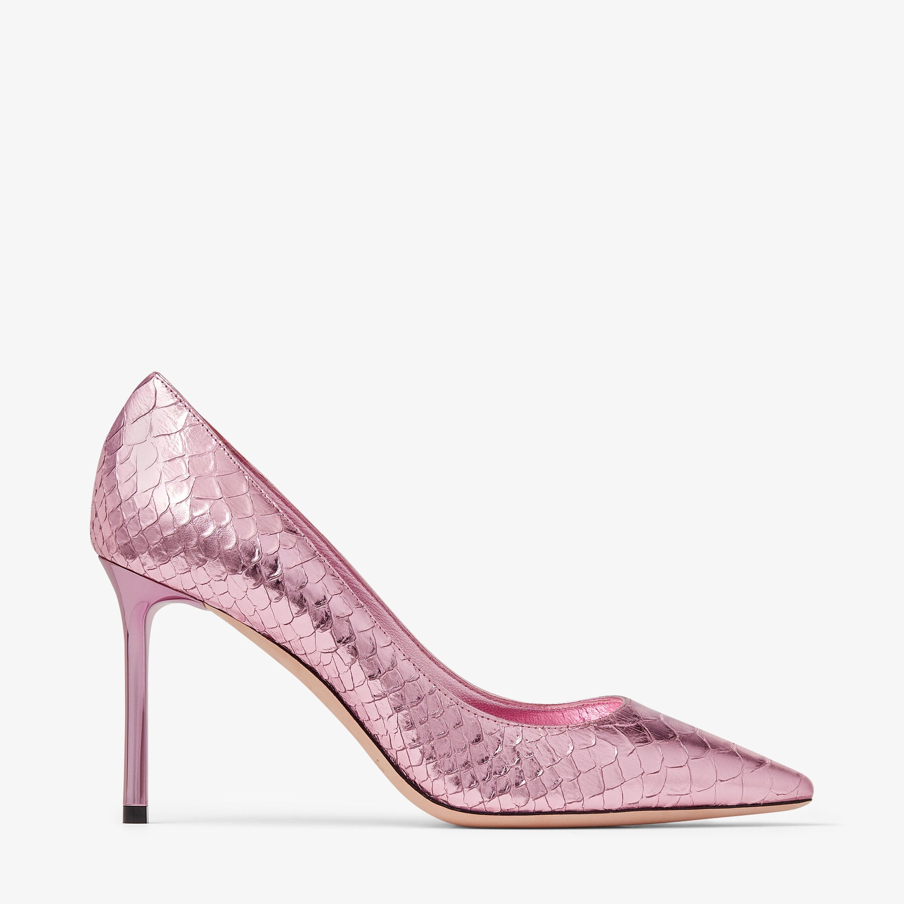 Romy 85
Candy Pink Metallic Snake Printed Leather Pumps - 1