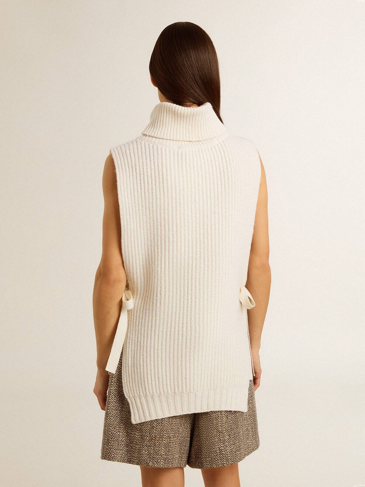Unisex white high-neck sleeveless sweater in ribbed wool - 4
