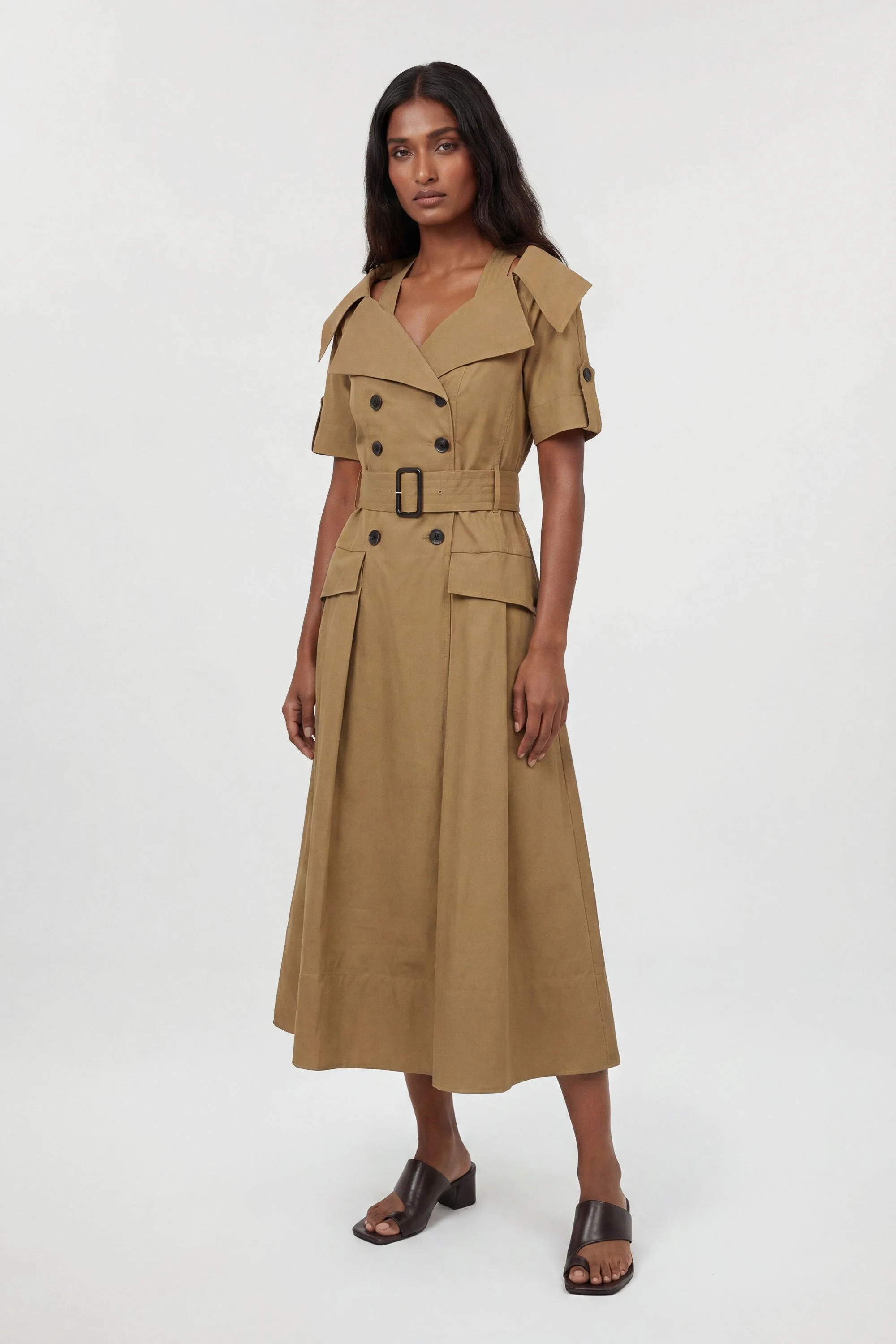 Tailored Cotton Trench Belted Full Skirted Midi Dress - 1