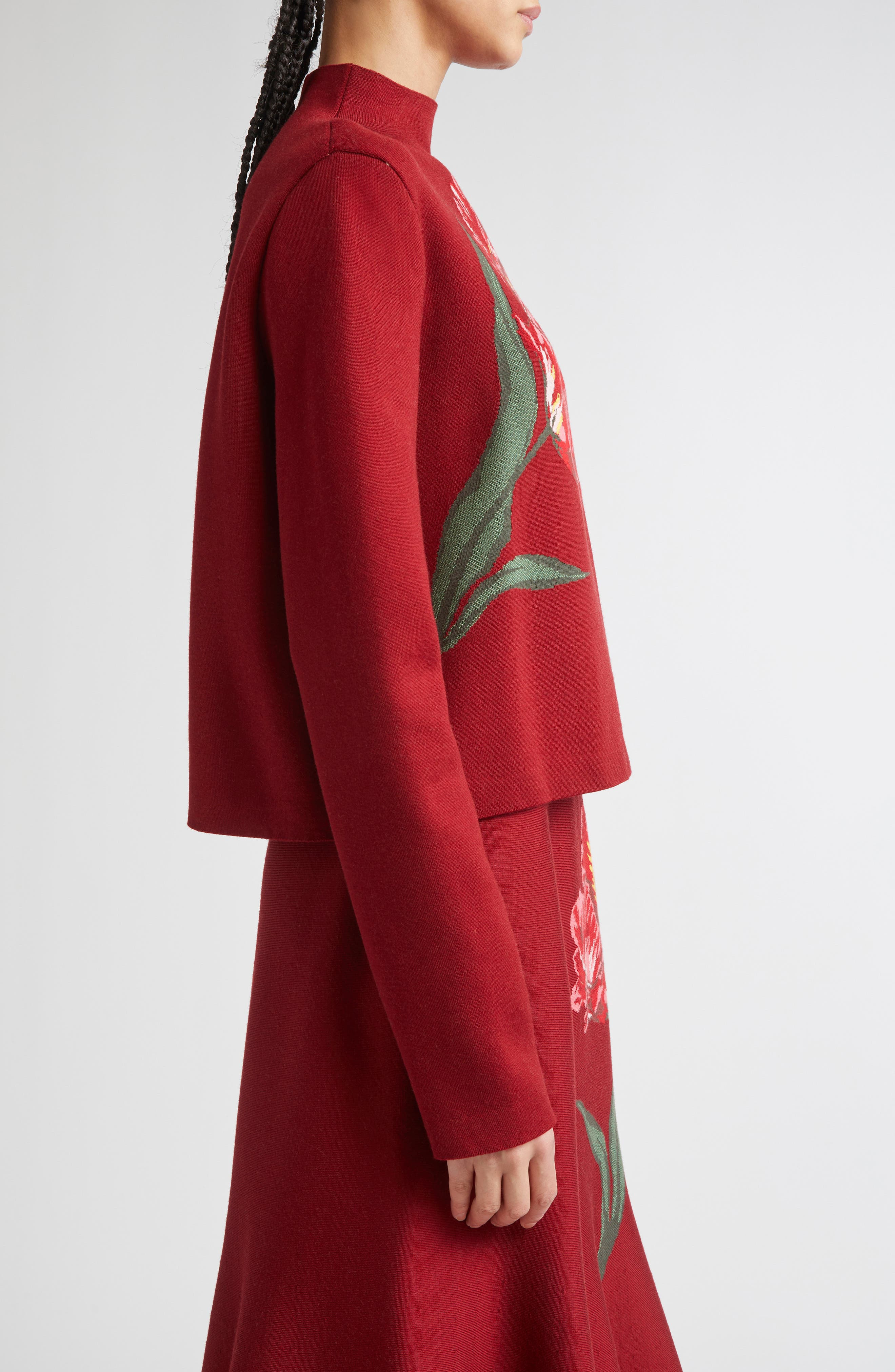 Carolina Herrera Floral Intarsia Funnel Neck Sweater in Garnet Multi at Nordstrom - 3