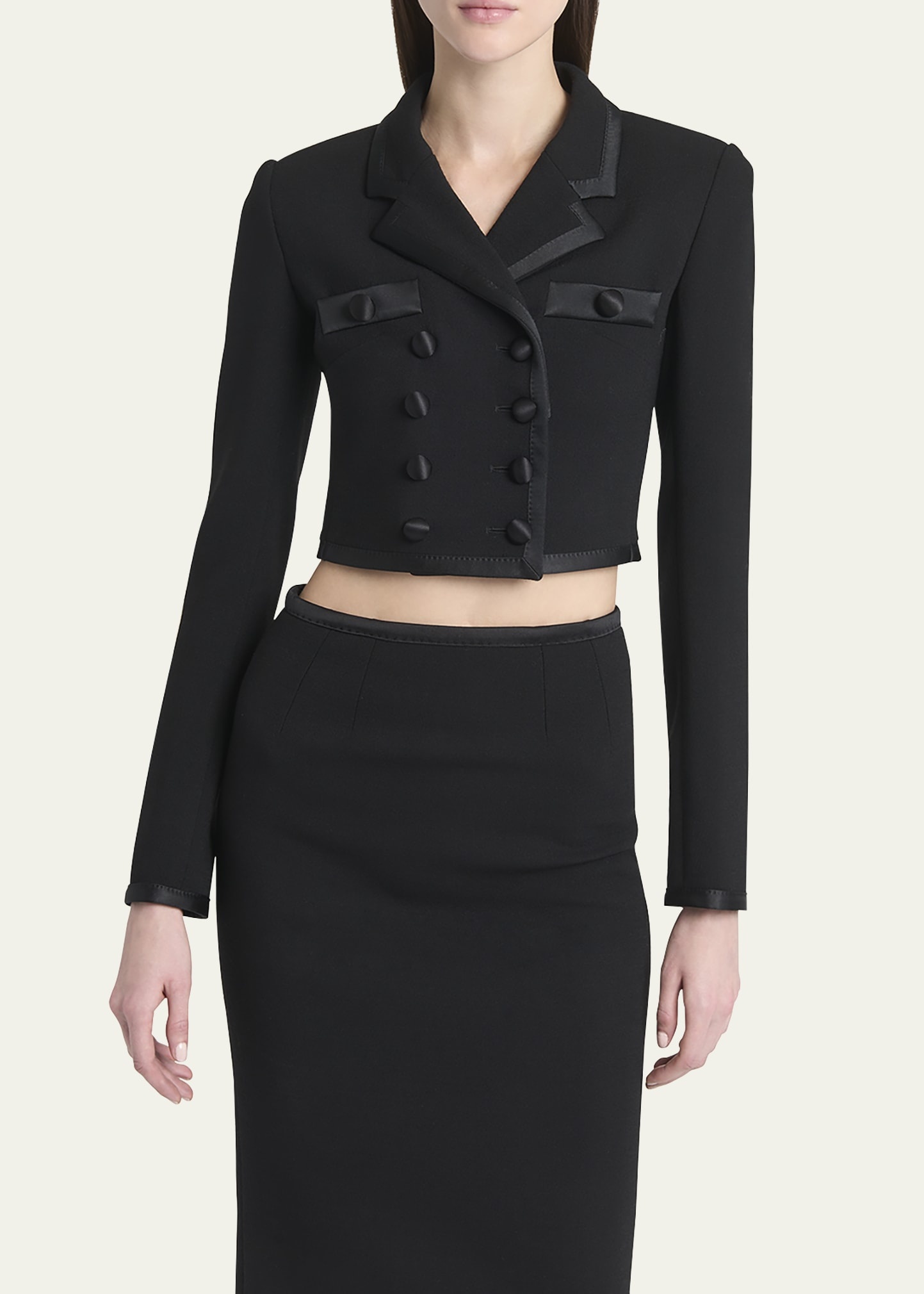 Satin-Trim Double-Breasted Crepe Crop Jacket - 4