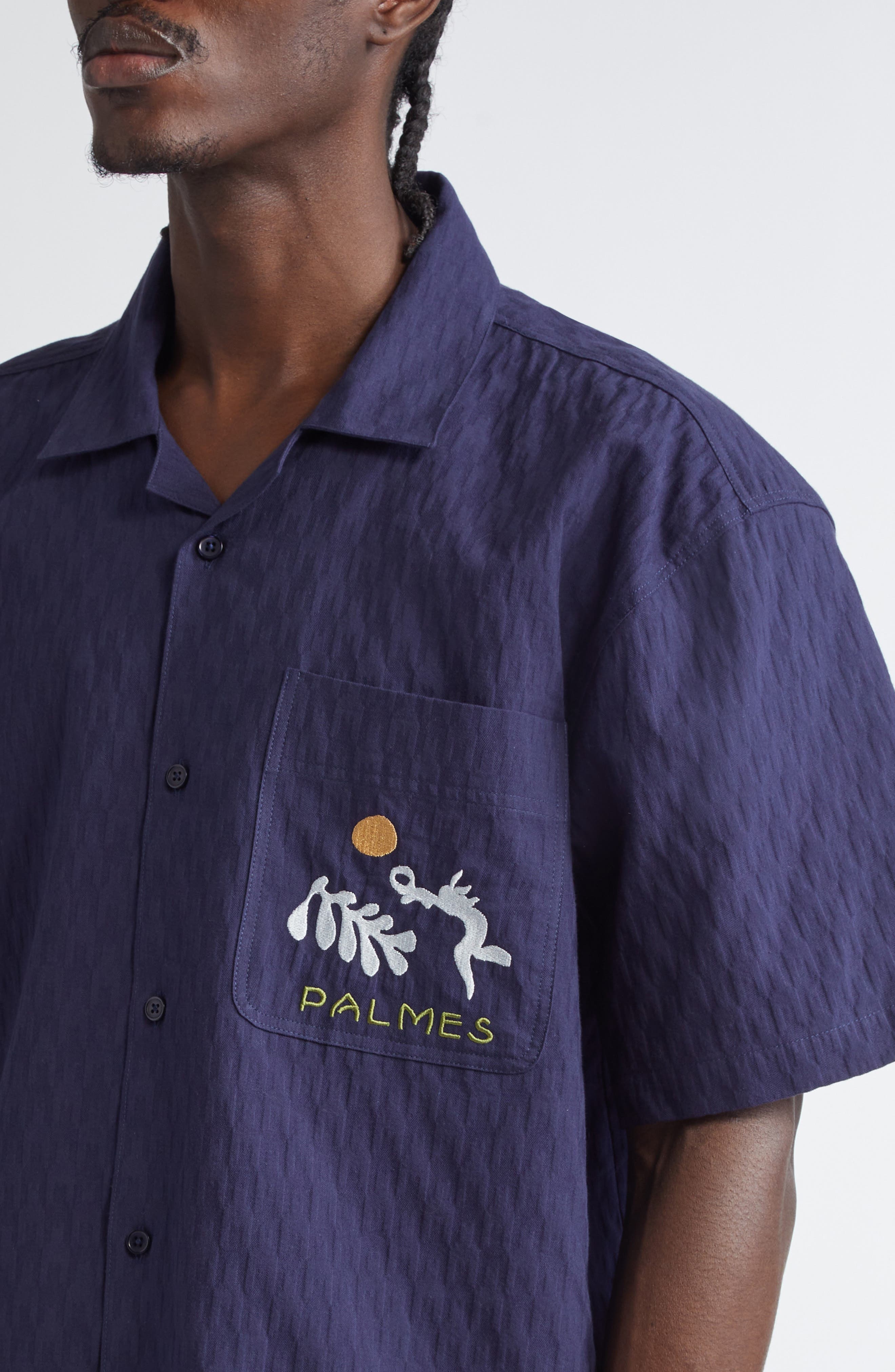 PALMES Garden Embroidered Cotton Camp Shirt in Dark Blue at Nordstrom - 5
