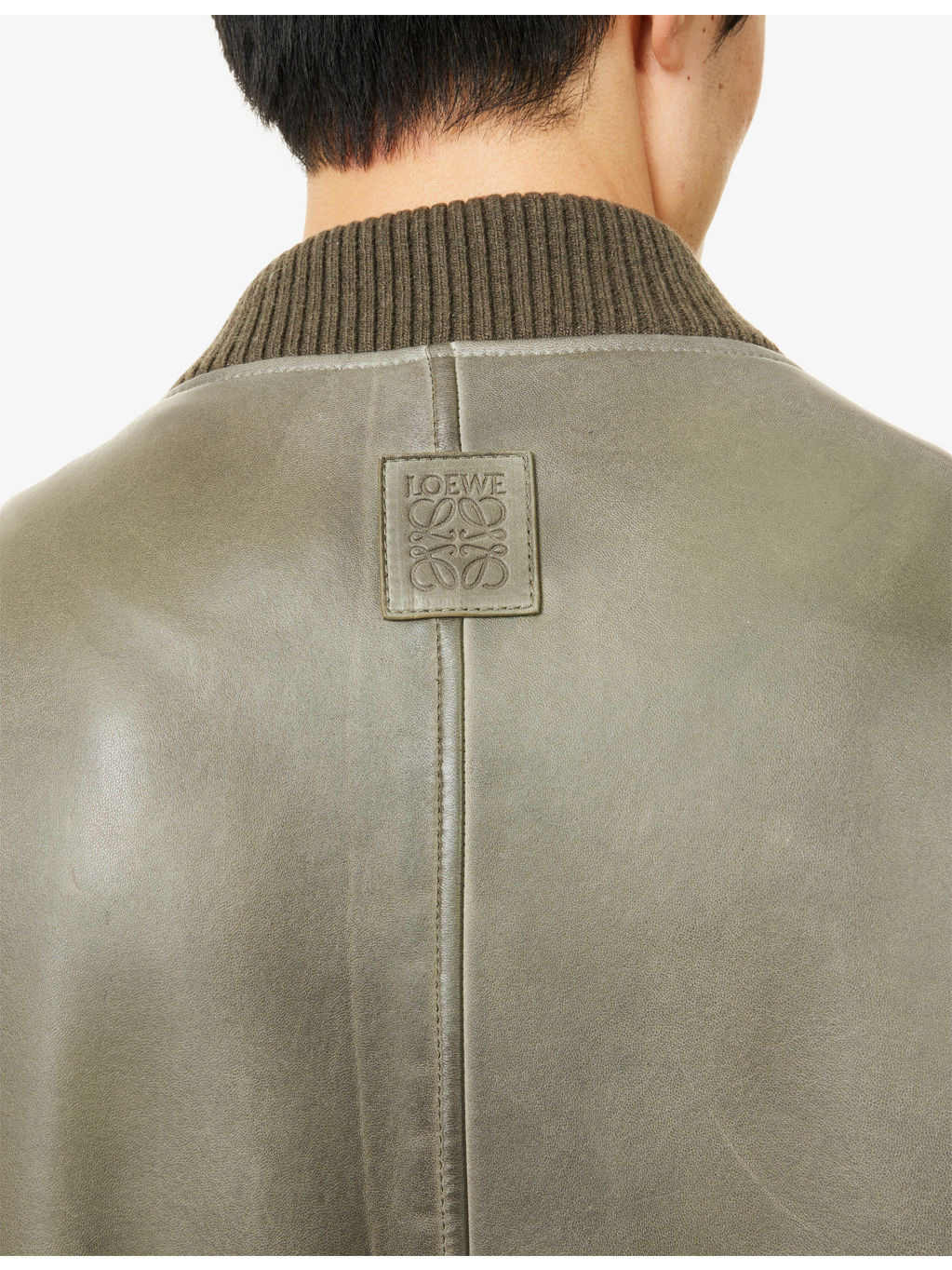 De-Bossed Logo Ribbed-Trims Leather Bomber Jacket - 5
