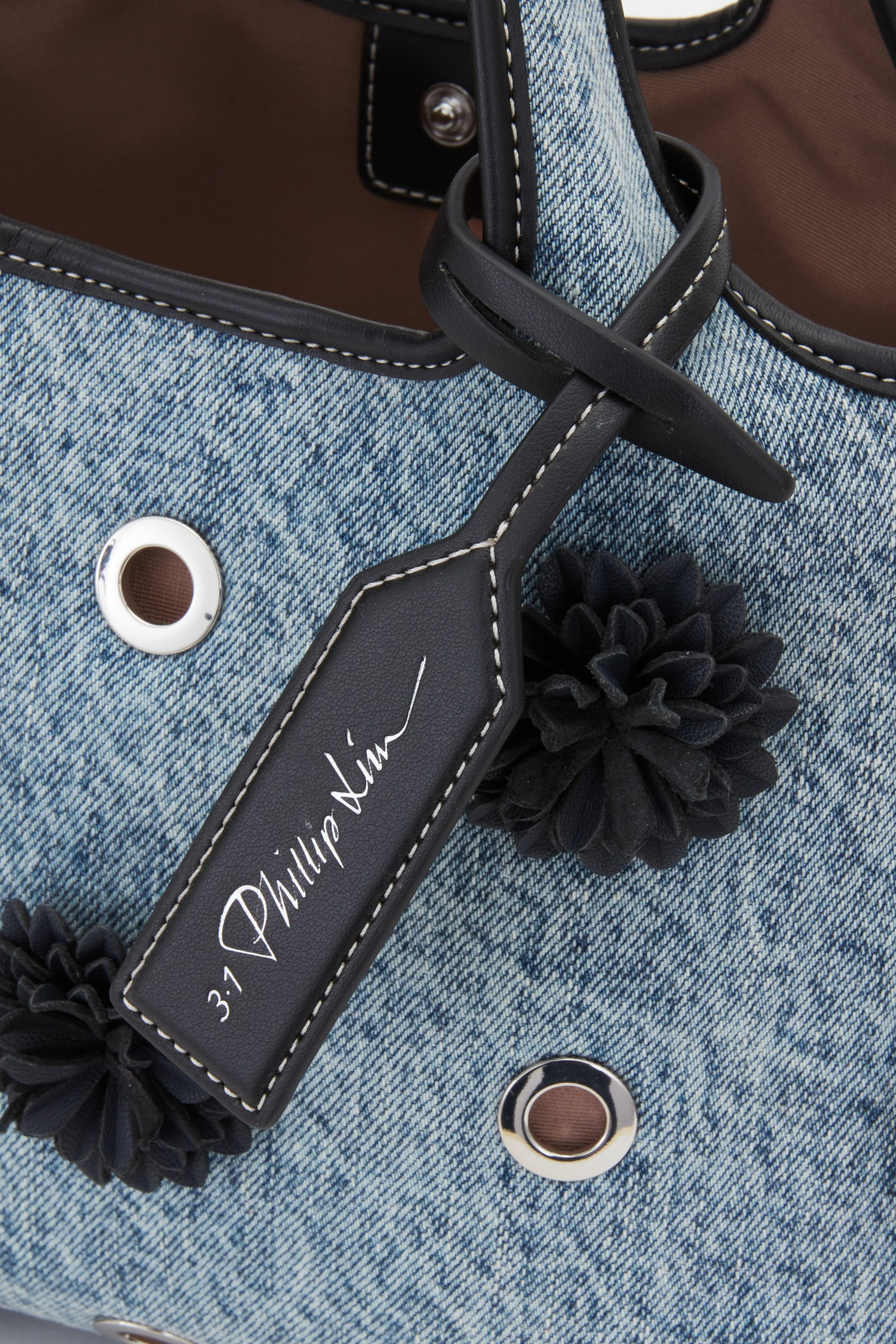 Denim Mini Market Tote with Leather Flowers - 4