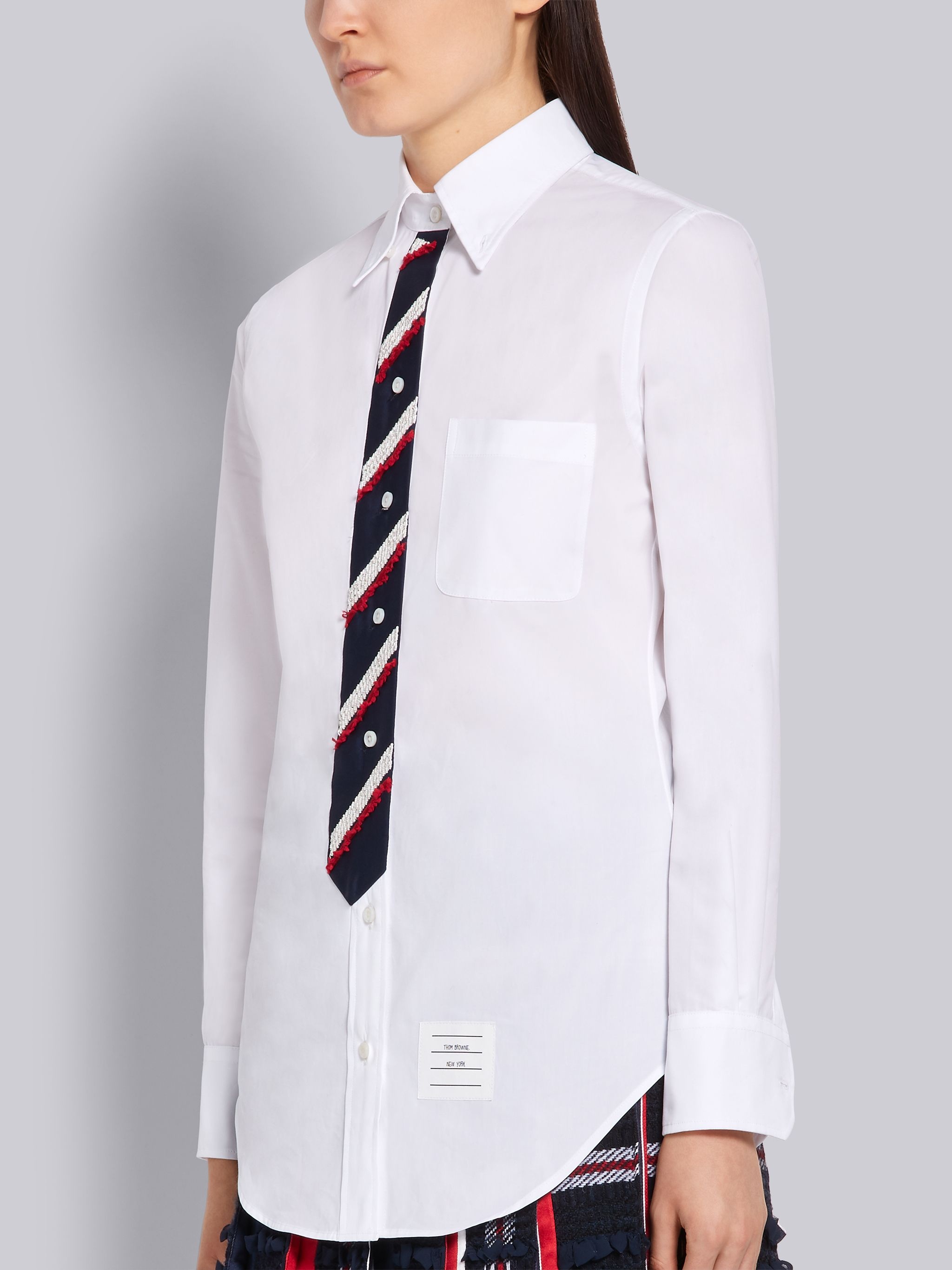 White Cotton Poplin Trompe L'Oeil Necktie Embroidered Classic Shirt - 2