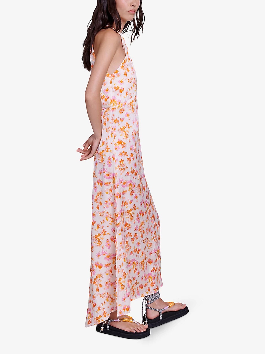 Floral-pattern drawstring-neck satin maxi dress - 3