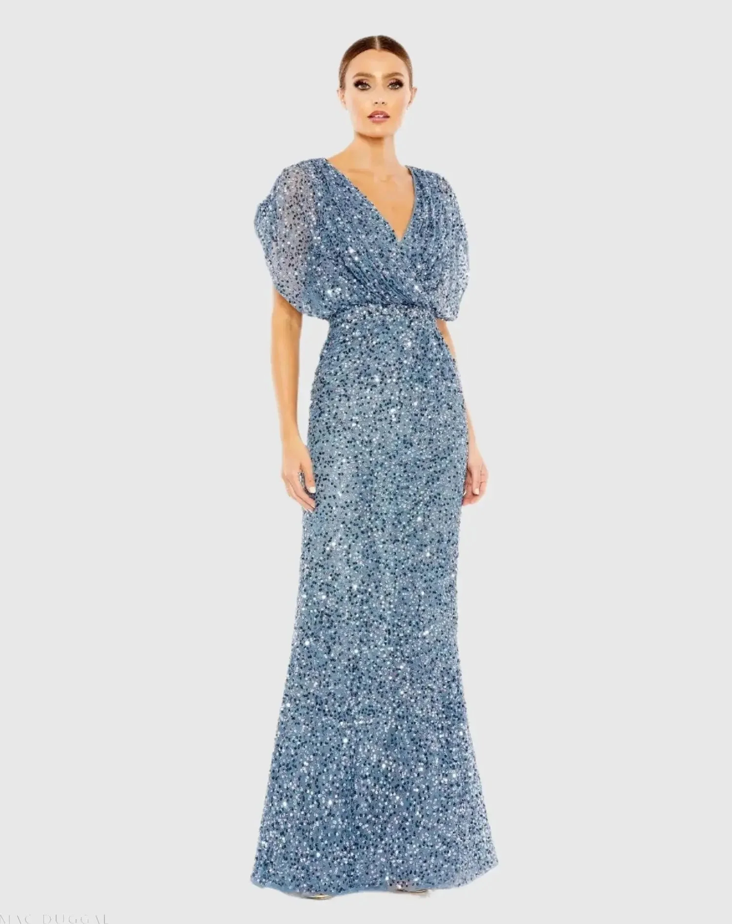 Slate Blue Sequin Draped Sleeve V-Neck Gown - 1