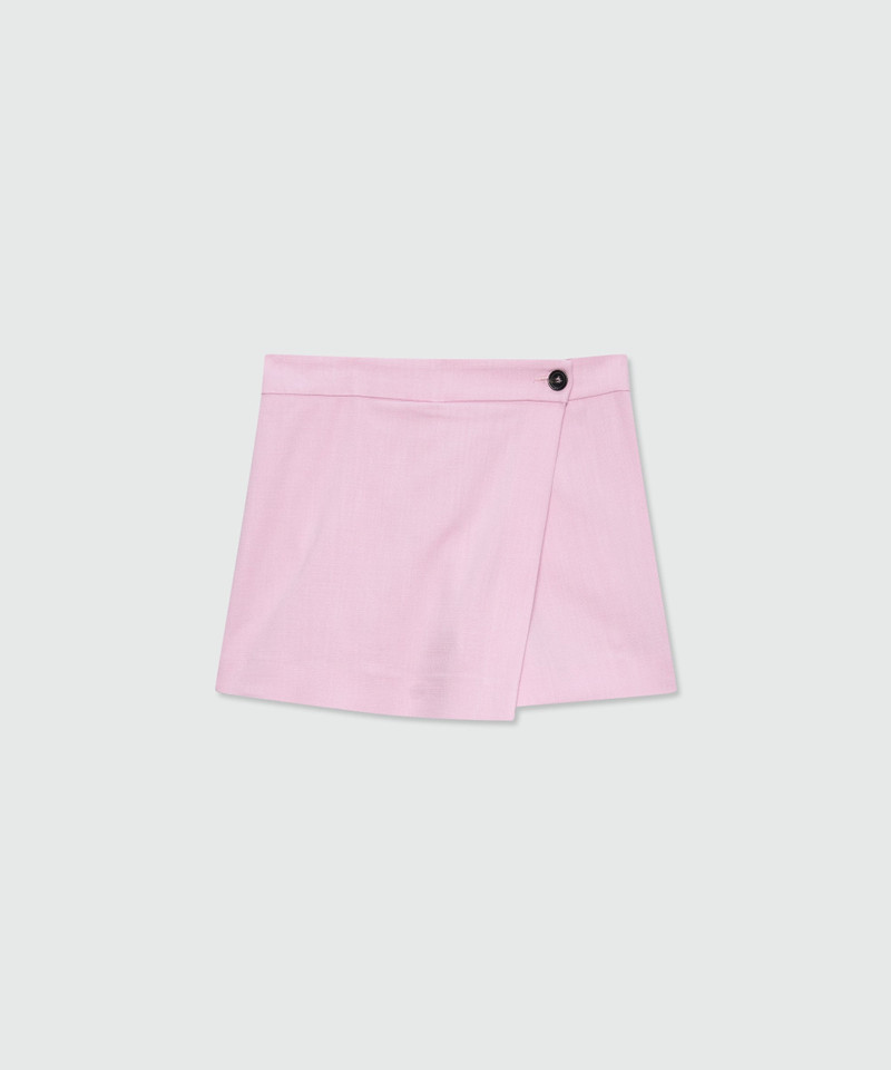 Pink viscose-blend canvas shorts with wrap closure and visible button 1