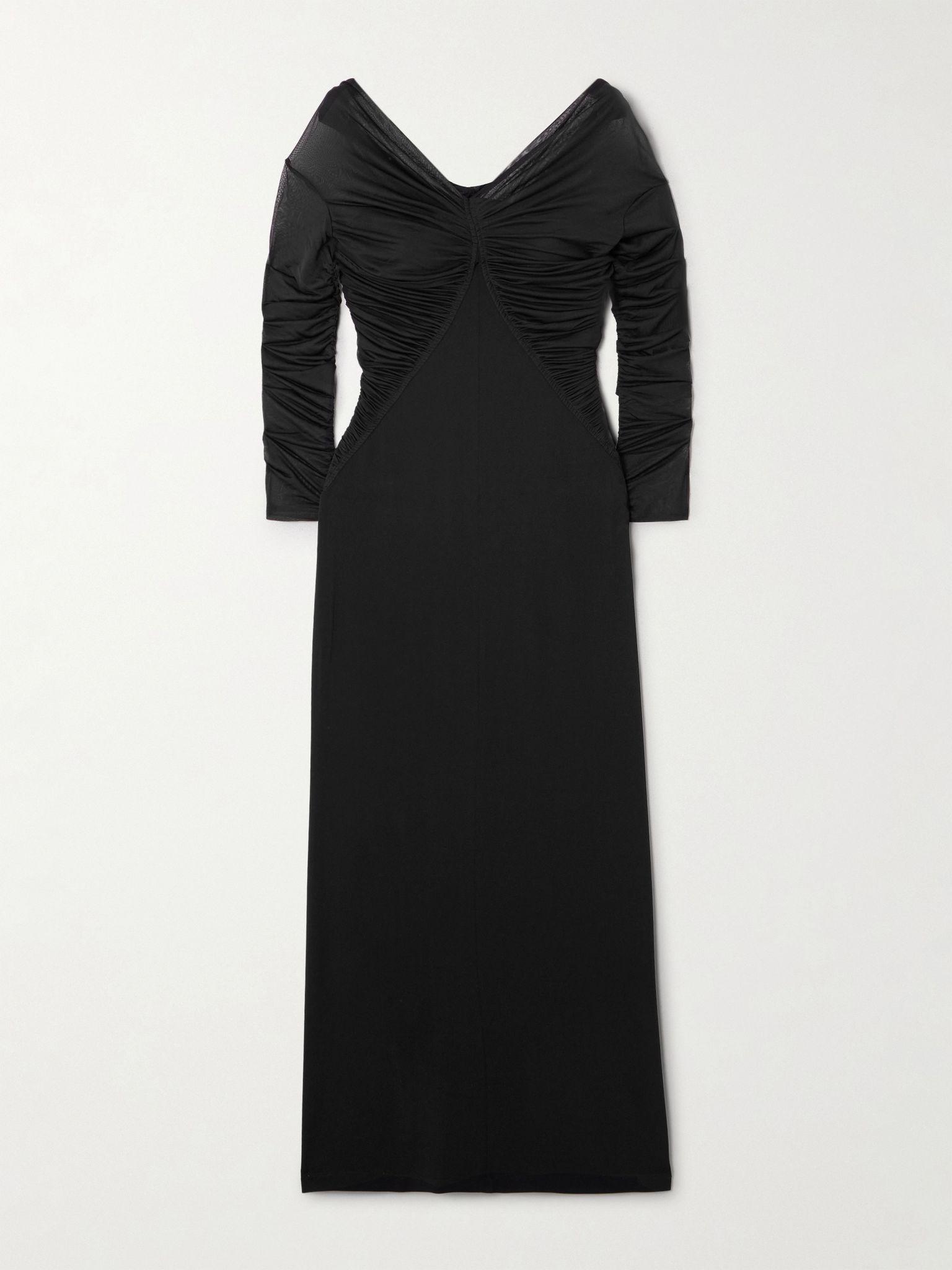 Locri tulle-trimmed ruched jersey midi dress Black - 1