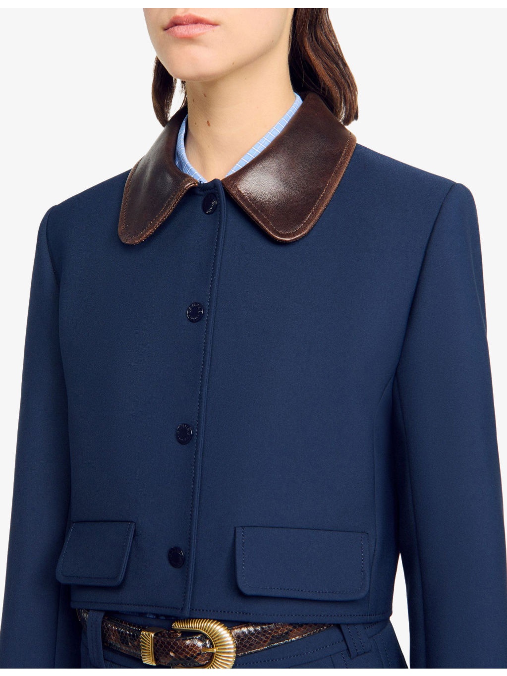 Contrast-Collar Cropped Stretch-Woven Jacket - 5