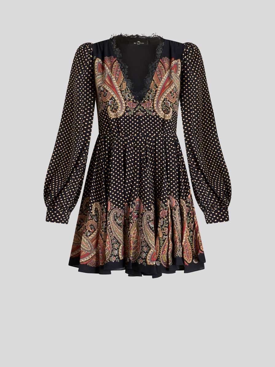 PAISLEY PATTERN MINI DRESS WITH LACE - 1