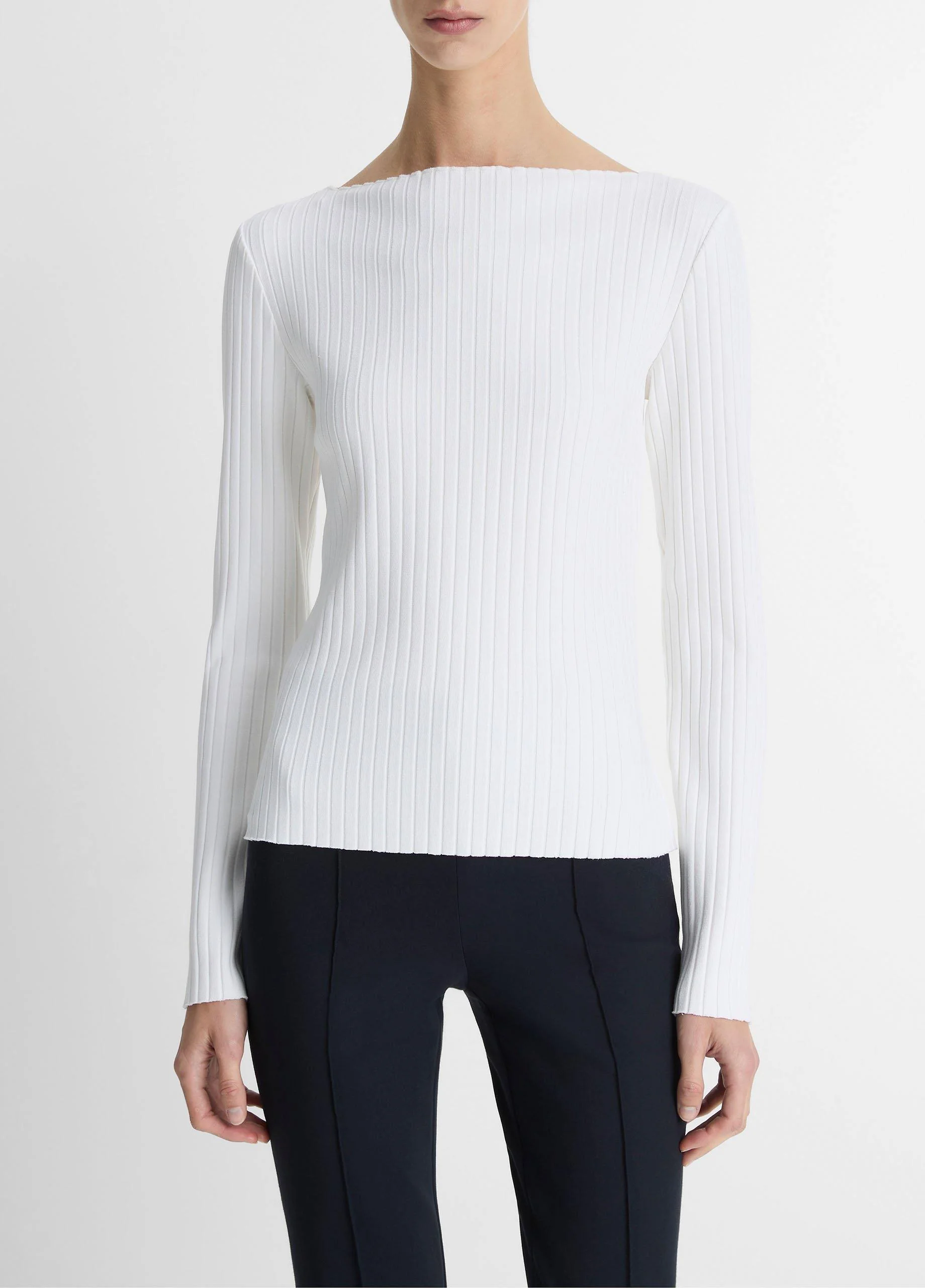 Ribbed Cotton-Blend Slash-Neck Long-Sleeve Top - 1