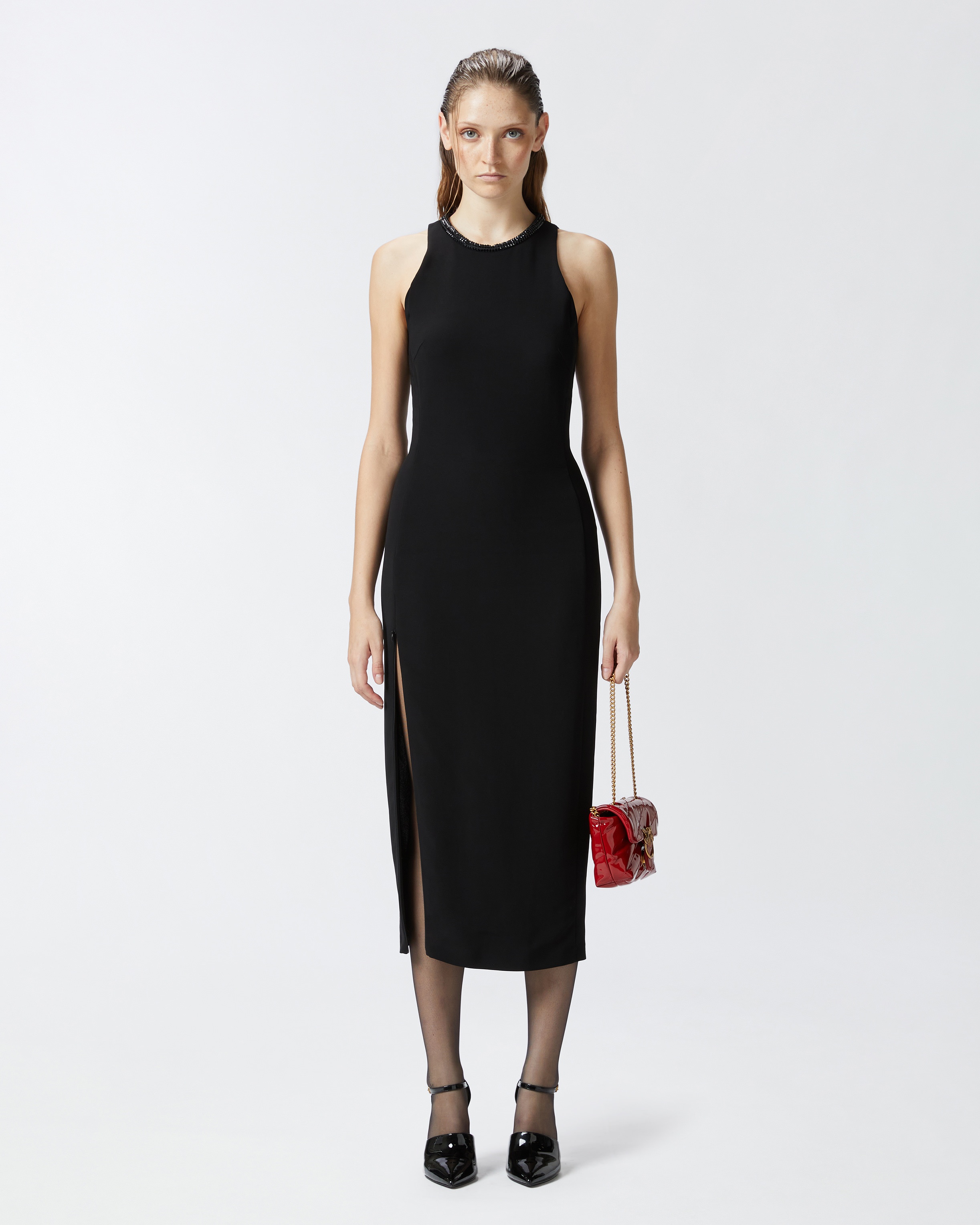 BLACK SHEATH DRESS WITH RHINESTONED NECKLINE - 2