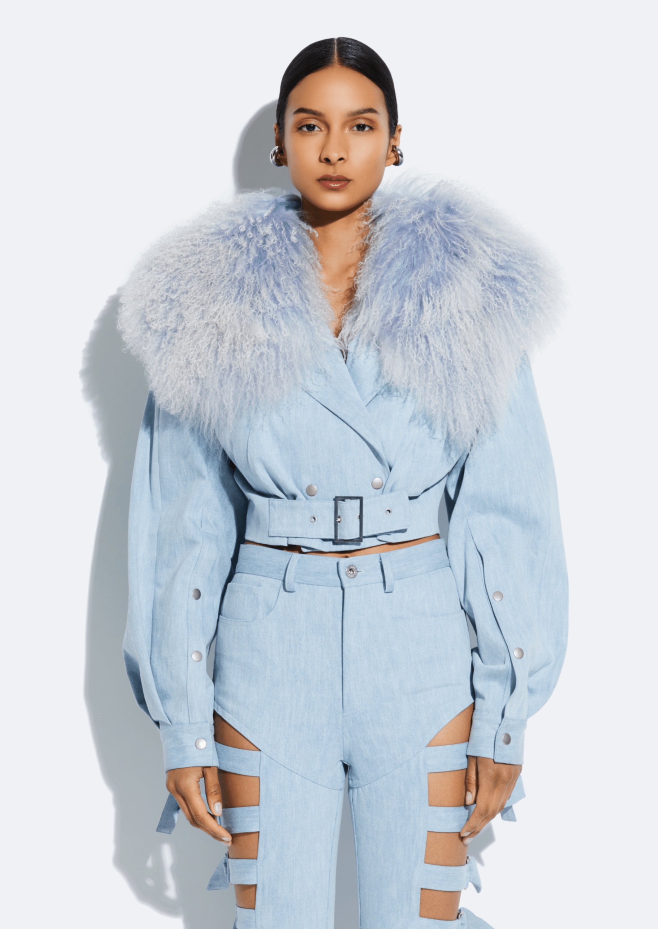 Washed Denim Biker Jacket With Shearling Collar - 3