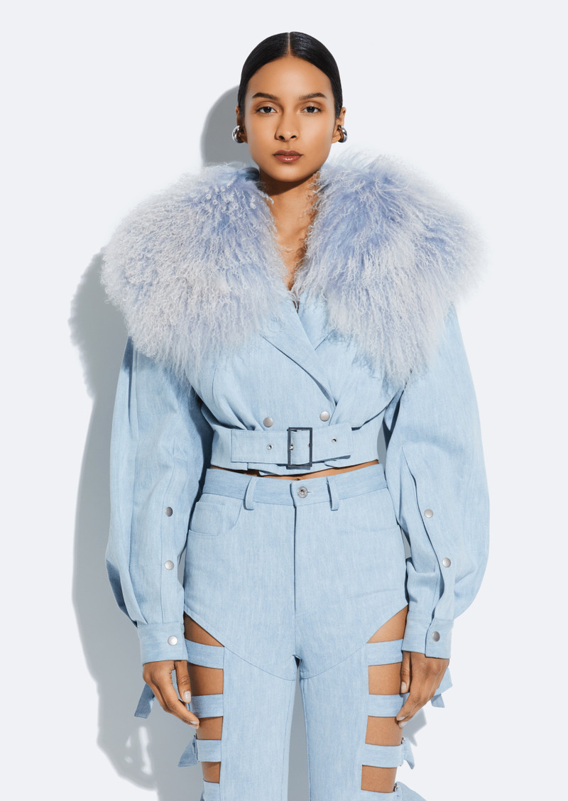 LAPOINTE Washed Denim Biker Jacket With Shearling Collar outlook