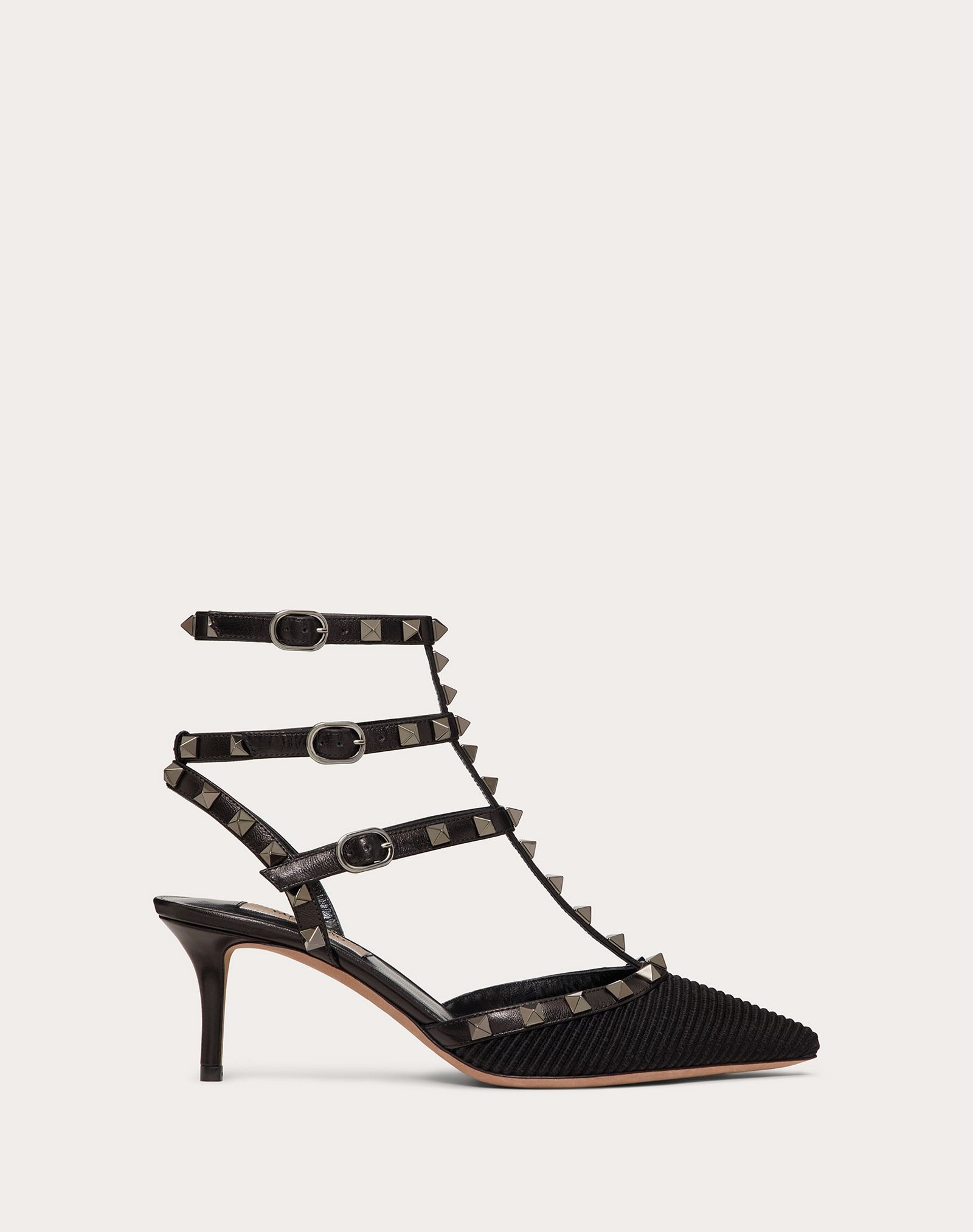 Rockstud Ottoman Fabric Leather Ankle Strap Pump 65 mm - 1