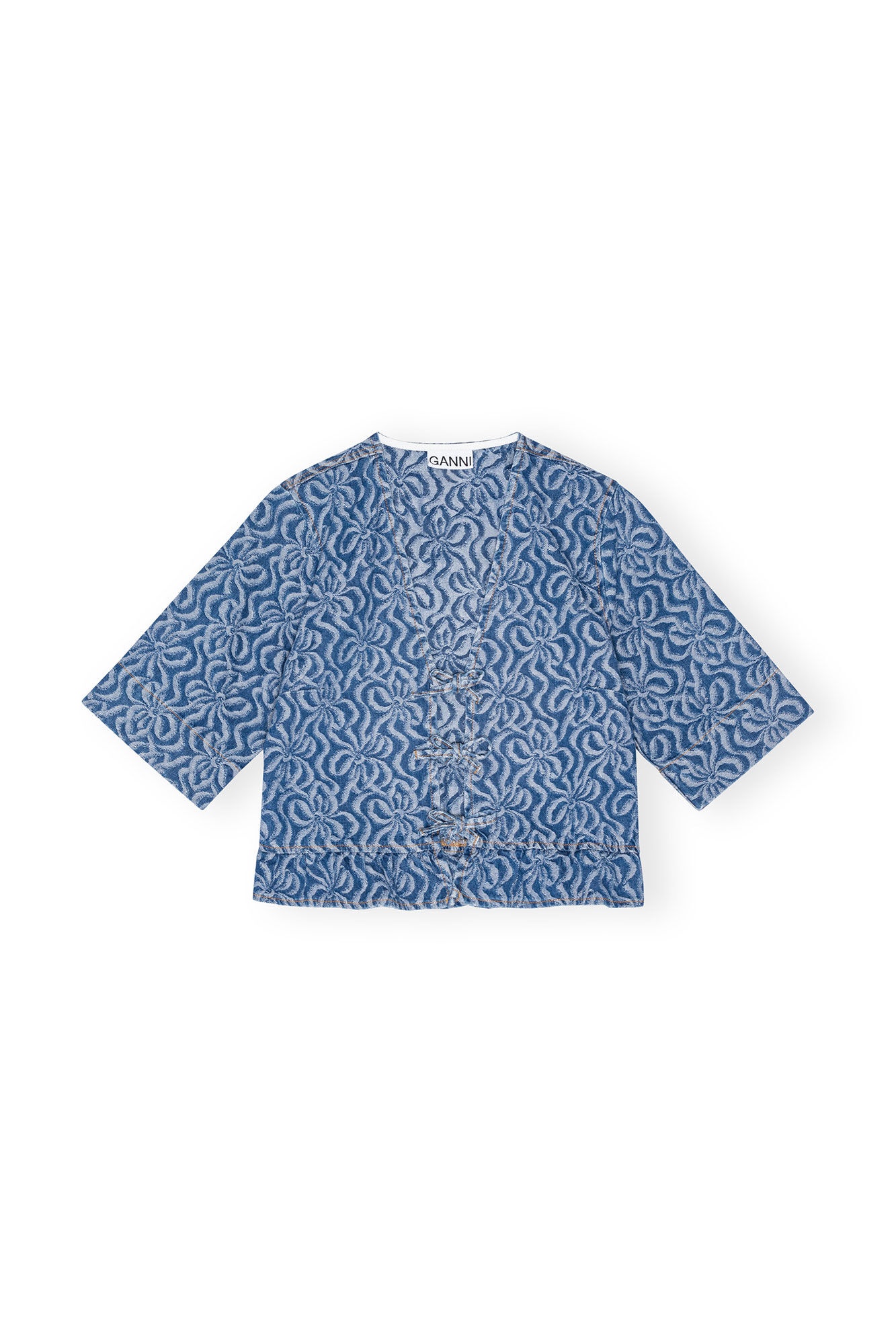 BLUE JACQUARD DENIM FLOUNCE TIE BLOUSE - 1