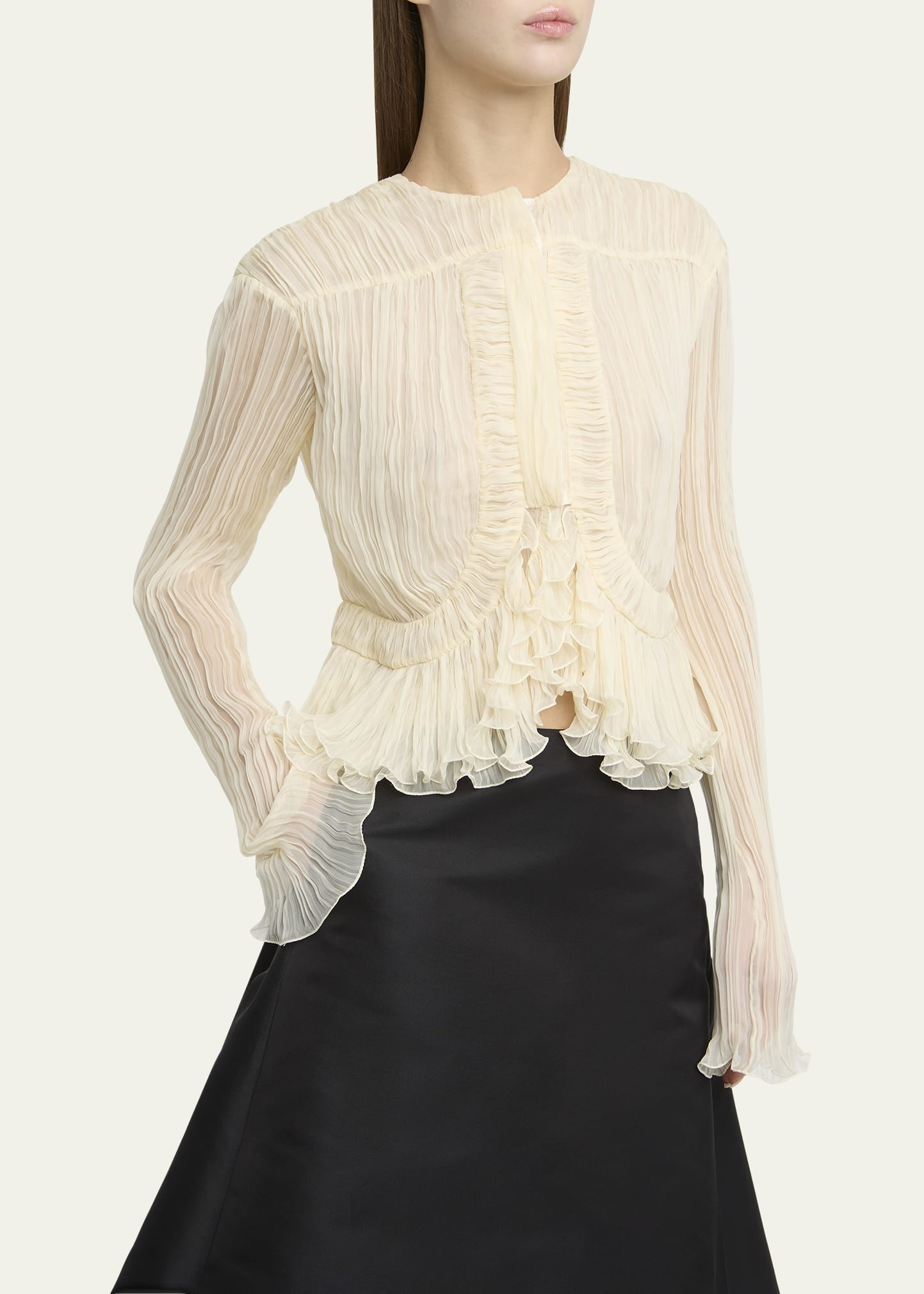 Silk Plisse Ruffle Crop Blouse - 4